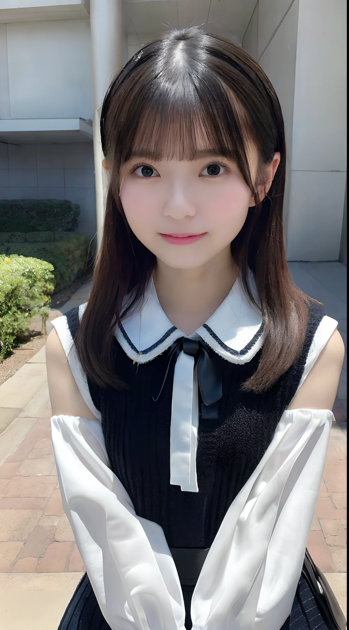 mix4, (8K, Raw photography, Top image quality, ​masterpiece: 1.45), (realisitic, Photorealsitic: 1.37), one girls, cute little, A city scape,, profetional lighting, photon maping, Radio City, physically-based renderingt, Gradient black hair,, a handsome, girl with, (((student clothes、Silk White Blouse、Dark blue knitted vest、White Satin Mini Skirt、No red tie pattern、Black High Socks、Black Loafers Leather Shoes))), Top Quality Photos, hight resolution, 1080p, (clearface), (Detailed face description), (Detailed hand description), (​masterpiece), (Exquisite CG)、extreme light and shadows、dishevled hair、master work、abundant detail、(Fine facial features)、(top quality photo)、(masuter piece)、(A detailed eye)、Look in front of you、Fine clavicle、((Slender big))、((White beret)))、((Cute idol system))、((School Grounds))、(Shooting from random perspectives)、(((Anyway cute)))、耳Nipple Ring、A big smile、Drawing the whole body from the knees、Do not draw nasolabial folds、(((Holding a leather student bag in your hand)))、Big breasts that stand out from the top of clothes、Two legs、(((Standing Pose)))、bare hand、