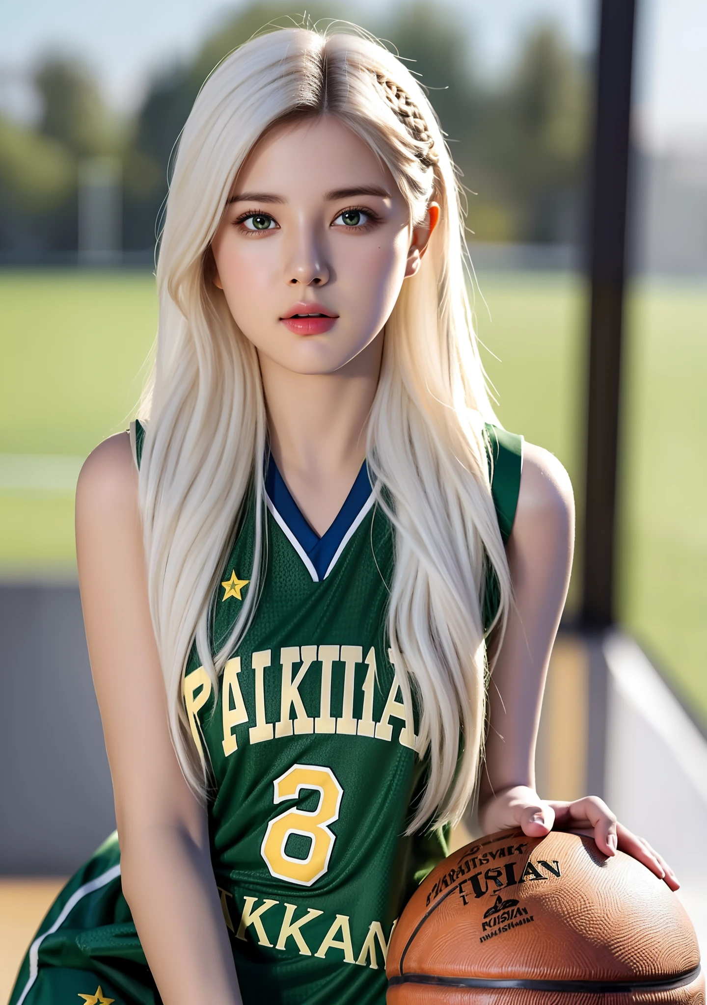 (hyperrealistic), (illustration), (high resolution), (8K), (extremely detailed), (best illustration), (beautiful detailed eyes), (best quality), (ultra-detailed), (masterpiece), (wallpaper), (photorealistic:1.3), (natural light), (rim lighting), (detailed face), high detailed realistic skin texture, anatomically correct, solo, 1 girl, (high detailed realistic long hair:1.2), (white hair:1.3), (two braided hair), heterochromic eyes, (detailed green eyes), small moles under the eyes, (realistic big breasts:1.2), long legs, tight abs, dynamic pose, (closed mouth:1.2), (basketball uniform:1.3), (upon body from head to thighs:1.2), (Beautiful Cute Pakistani Woman:1.55),