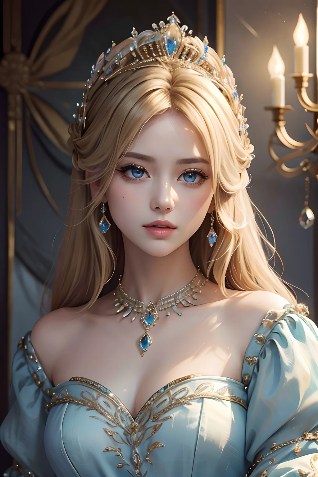 tmasterpiece，Highest image quality，Beautiful bust of a royal lady，Delicate blonde hairstyle，Embellished with a dazzling array of intricate jewelry，super detailing，upscaled。