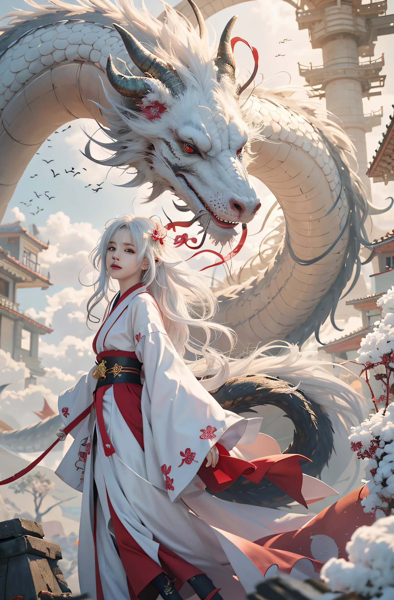 Anime - style woman in kimono costume with dragon background, Anime fantasy illustration, trending on artstation pixiv, the dragon girl portrait, by Yang J, Guweiz in Pixiv ArtStation, Detailed digital anime art, white-haired god, Anime art wallpaper 8 K, Dragon girl, Guweiz on ArtStation Pixiv, Anime art wallpaper 4k