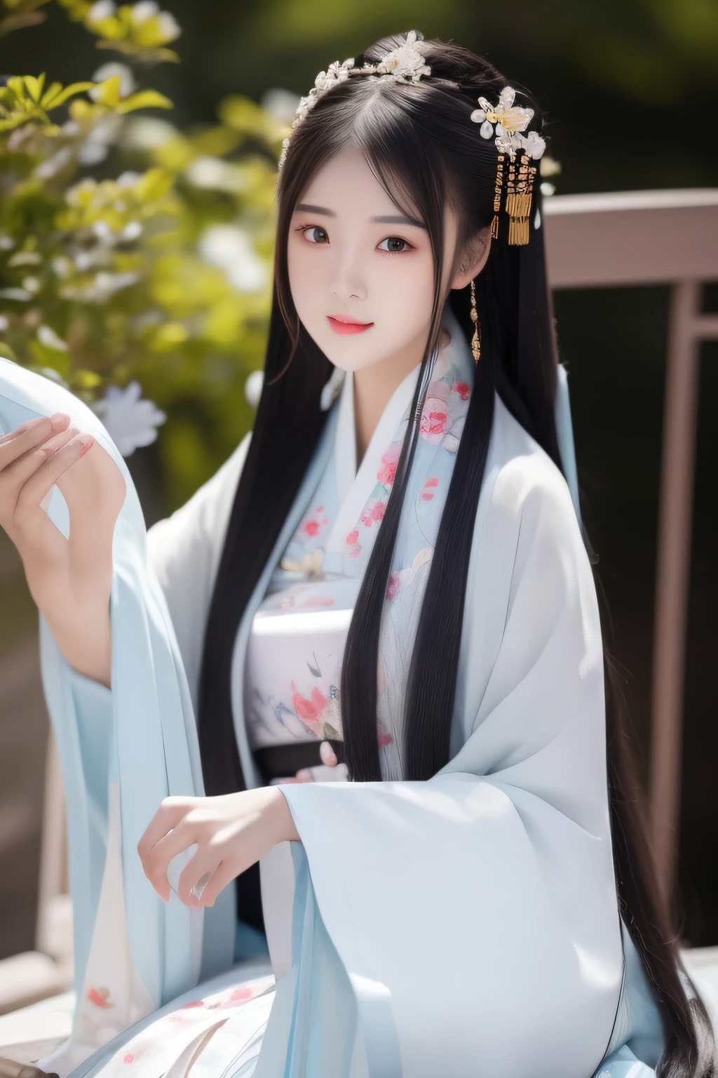 Full moon night，The Hanfu beauty sat down facing the camera，Turn pages gracefully，Her delicate facial features reveal a perfect face。She has a beautiful and detailed appearance。。，Wearing Hanfu，The colorful colors make it even more dazzling。She has long hair and a shawl，Show charm。It is a real photo，Show off the figure and charm of the perfect woman。be on stage，She plays solo，With a charming smile on his face，Perfect display of Hanfu charm。