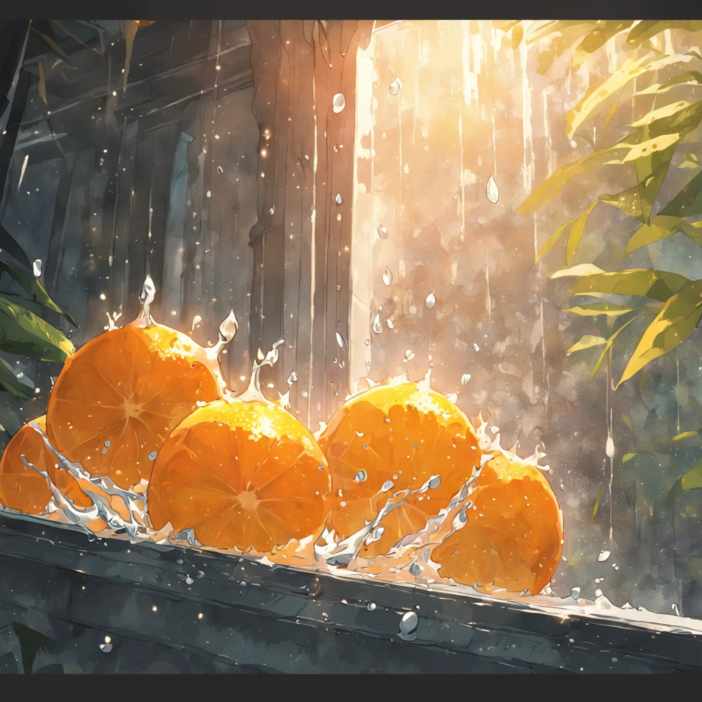 A whole pile of oranges with water droplets rests on the windowsill,Sunlight shines through the windows,up-close