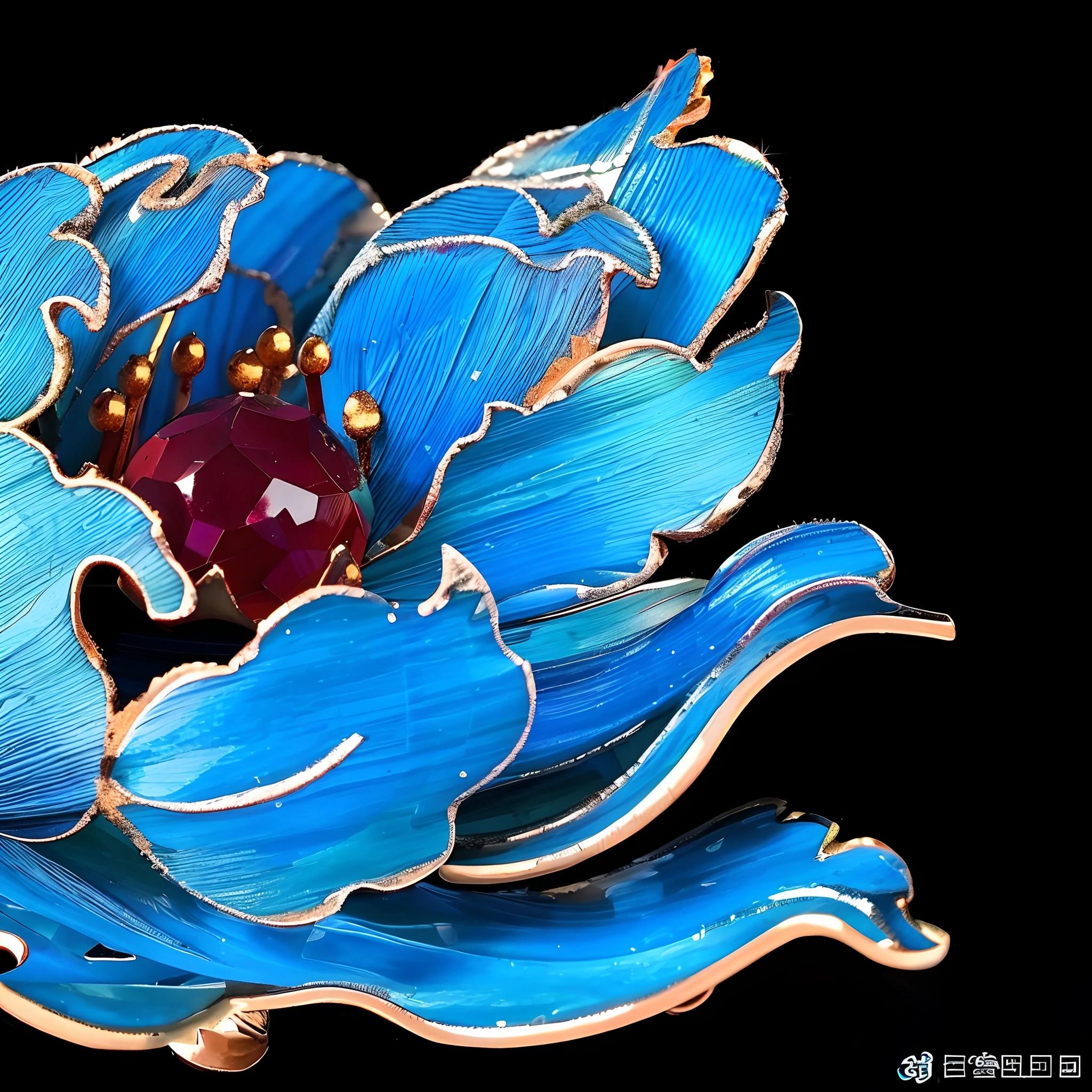 Close-up of blue flowers with red center, cloisonne, cloisonne, inspired by Park Hua, author:Tan Yang Kano, Chinese art, carved from sapphire stone, Qing dynasty, Ancient sword, 中 国 鬼 节, inspired by Zhang Zeduan, depicting a flower,Blue lotus,florals,Crystal flowers,k hd,Pubic area is clear,the detail,AI flower