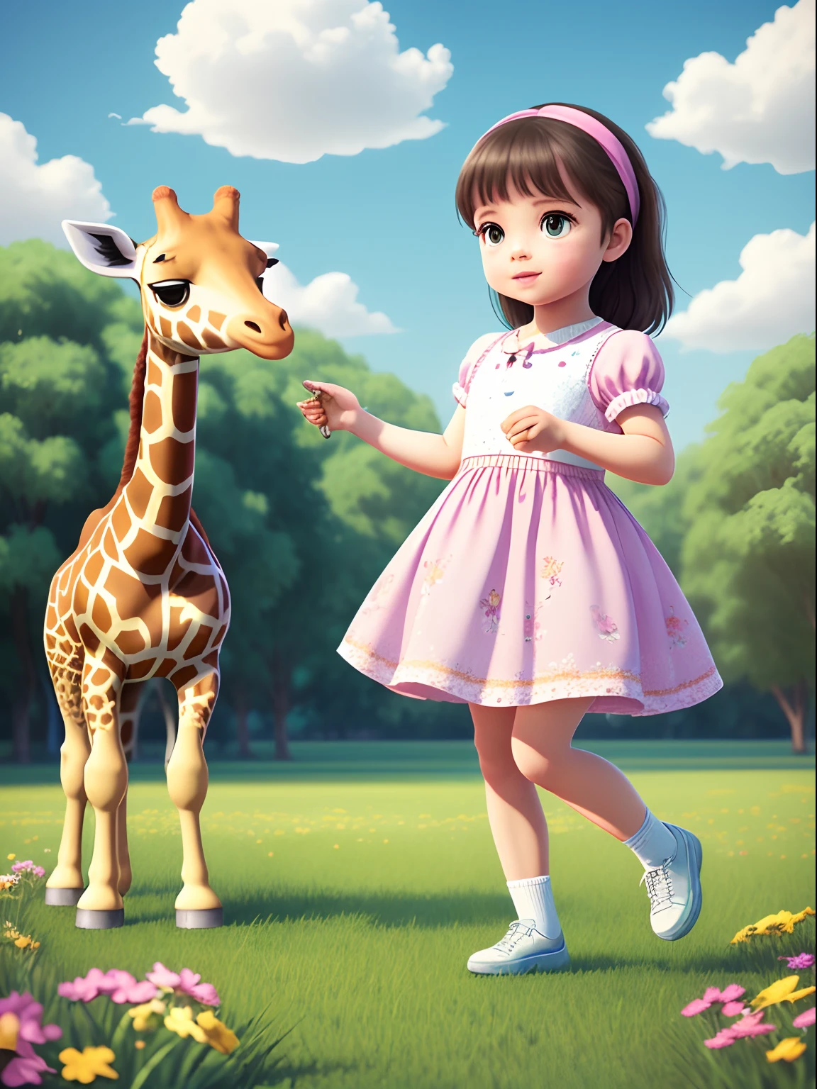 A cute little girl jumping on the grass with flowers in her hands,Behind stood a giraffe,Little girl in beautiful clothes,Colorful blue sky and white clouds。Surrounded by fields,Idyllic background dream MS excited,Super cute at POP MART Babyip,high detal,high high quality,Bright colors,model blind box toy,Disney style fine gloss 3D rendering,OC rendering,best qualtiy,8K,Pastel film texture,high high quality --auto