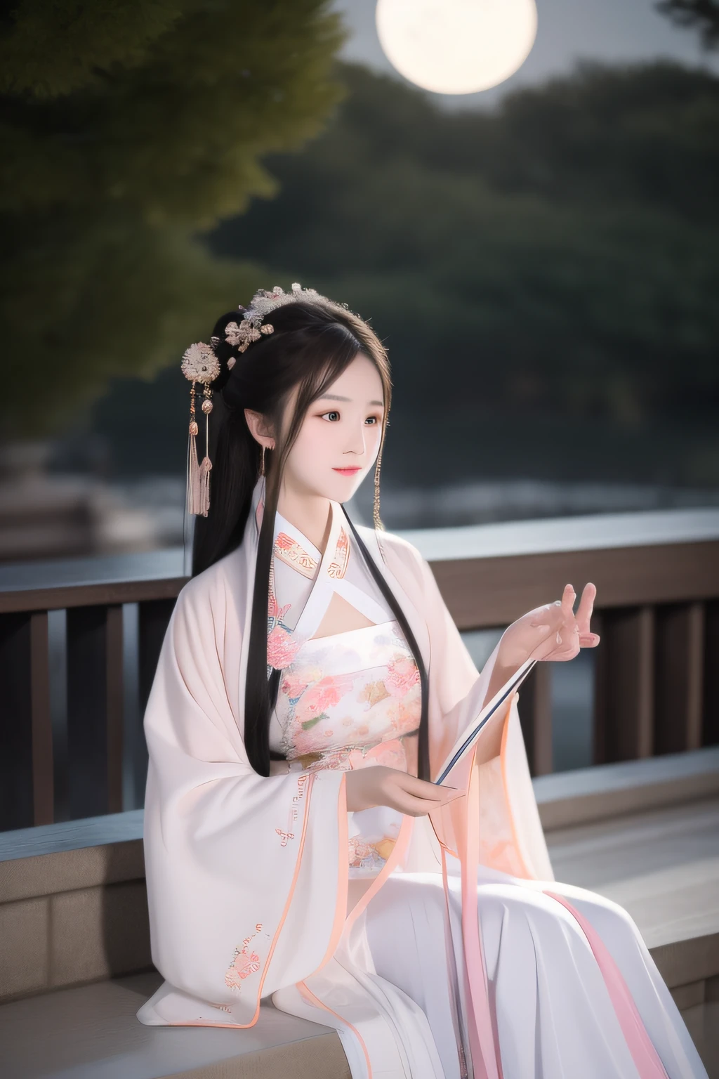 Full moon night，The Hanfu beauty sat down facing the camera，Turn pages gracefully，Her delicate facial features reveal a perfect face。She has a beautiful and detailed appearance。。，Wearing Hanfu，The colorful colors make it even more dazzling。She has long hair and a shawl，Show charm。It is a real photo，Show off the figure and charm of the perfect woman。be on stage，She plays solo，With a charming smile on his face，Perfect display of Hanfu charm。
