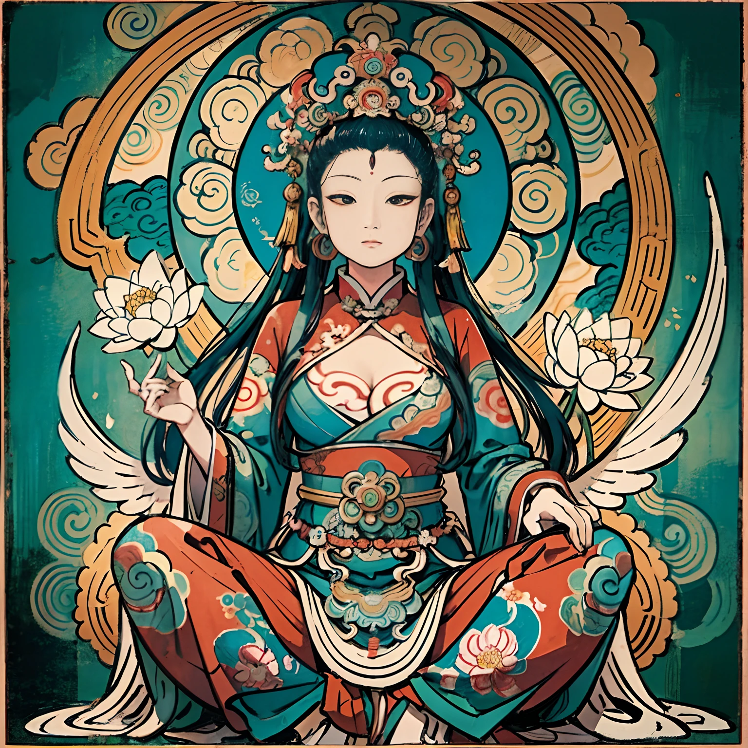 an ancient Chinese goddess, guanyin of the southern seas, Guanyin, Inspired by India, Avalokiteshvara rides a phoenix，,Serene expression,shui mo hua,Buddha,Buddhist,Lotus,Chinese painting style,Thangka style