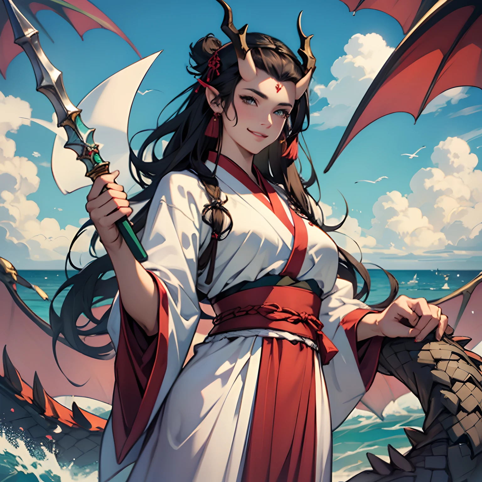Uma mulher, (mulher), usa Hanfu vermelho, bonito, sorriso malicioso, vermelho longo, seios grandes, voluptuoso, Hanfu, antigo, muito sexy, atraente, with dragon horns on his head, standingn, corpo inteiro, showing off with a battle spear in his hands near the ocean
