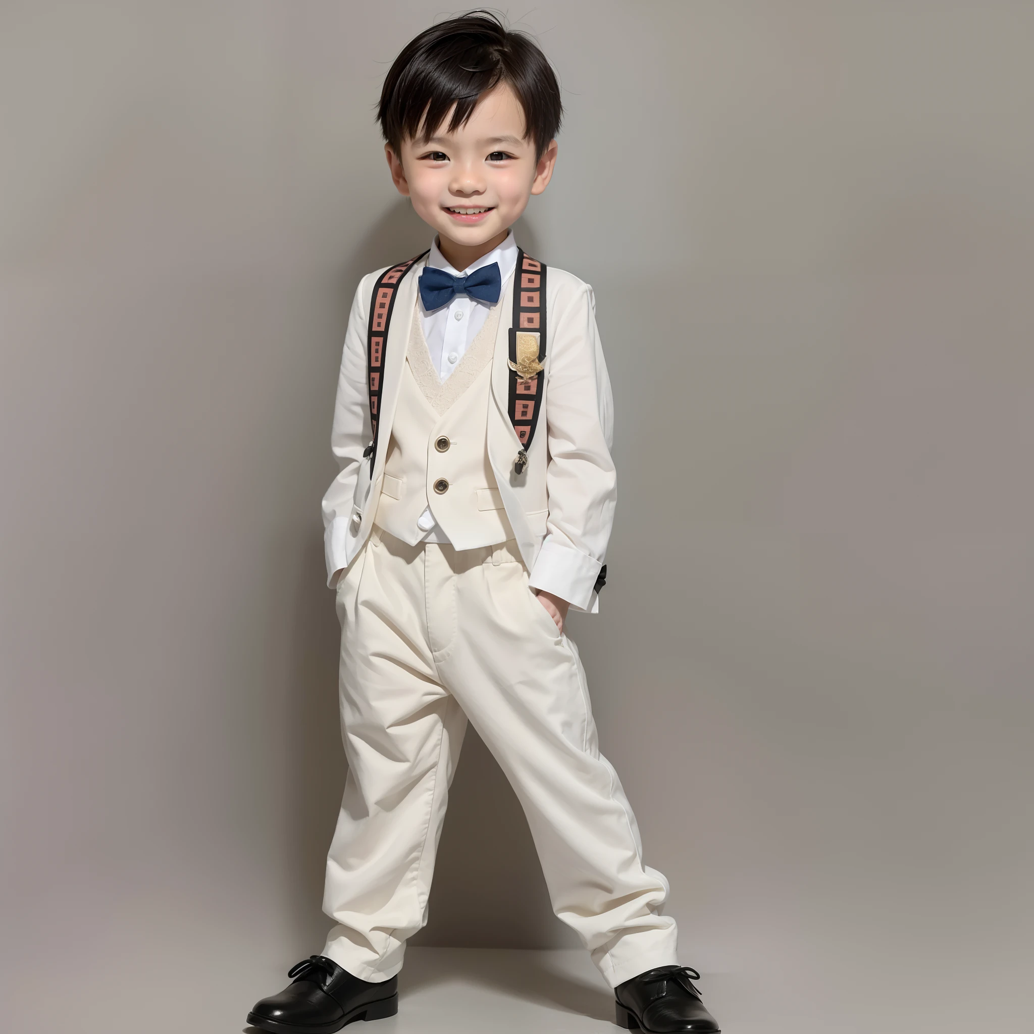 Modern style，White background，Chinese children，Full body photo，handsome，Smiling boy，Dark eyes，flathead，Bow tie，Full body view in front of the photo