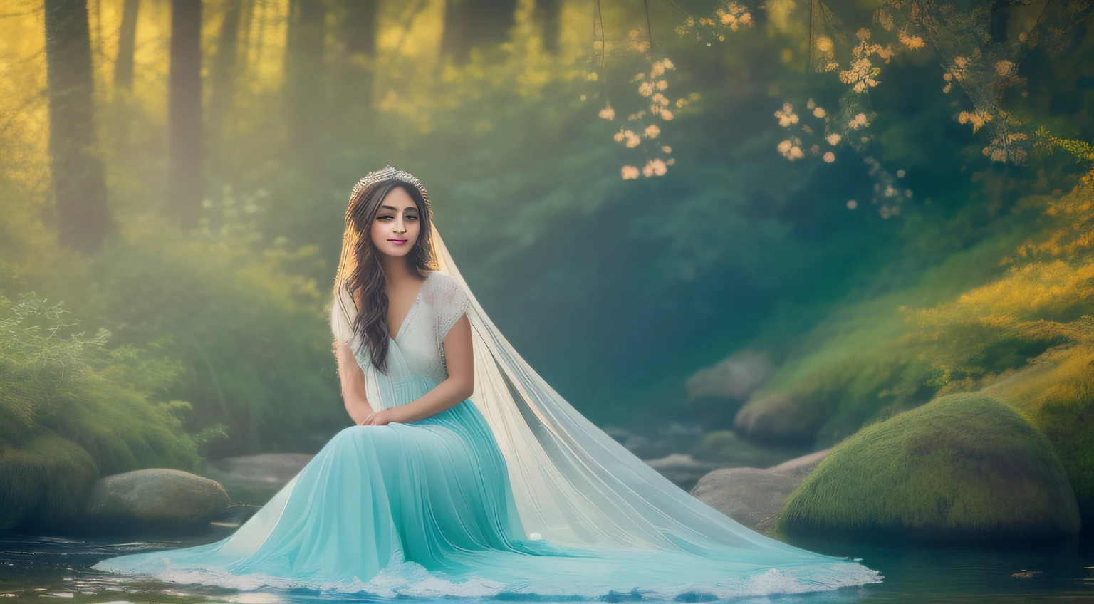 A serene and ethereal landscape of tranquility, bathed in soft hues and gentle lighting. A delicate balance of nature's elements, adorned with hair that seamlessly blends shades of dark brown, highlights,. The scene is filled with an abundance of shimmering water droplets, wisps of clouds, and a touch of watercolor-like textures. Imagine a wide shot that showcases the beauty of a forest with vibrant splashes of blue, swirling petals, dancing leaves, and idyllic grasslands. Let volumetric light play its magic, adding an enchanting ambiance to this artwork. (Best quality, 8k, 32k, Masterpiece, UHD:1.2), anatomically perfect, HD image,(Turkish beauty) 8k, brown highlights hairs, solo, Arabian princess, royal lady wearing white and aqua beautiful dress, solo, 1 girl (detailed face)