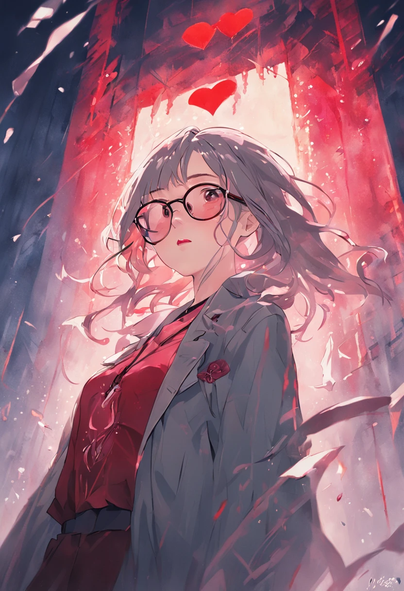 There is a woman with glasses and a necklace with a heart, Inspired by Elsa Bleda, Wear prescription glasses, thick glasses, Long wet hair dripping, with square glasses, thick and red lips, solo portrait 🎨🖌️,Hong Kong style