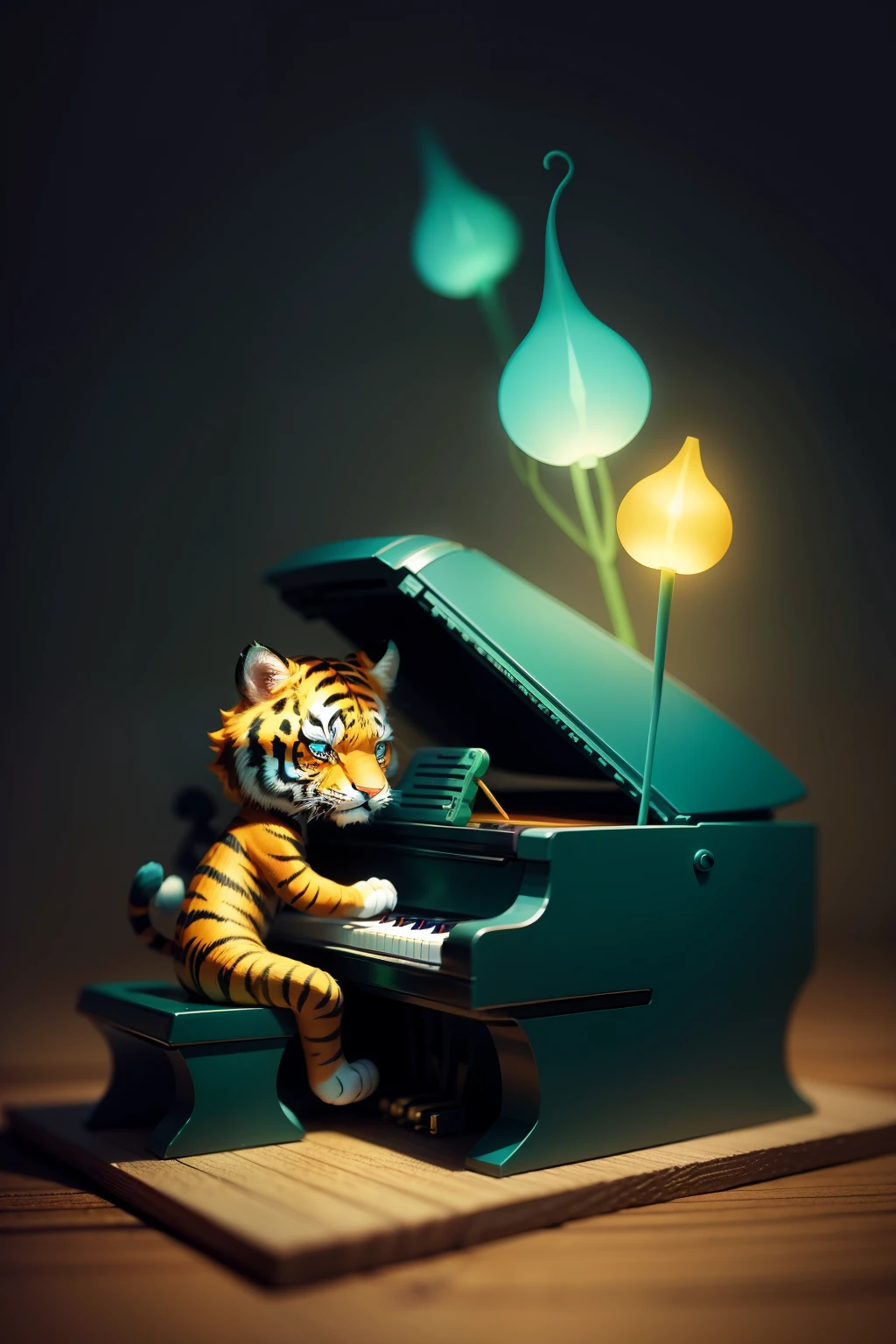 Cute cartoon tiger forest, pianos, Cartoony, A high resolution, Fluorescence, Blind box toy style