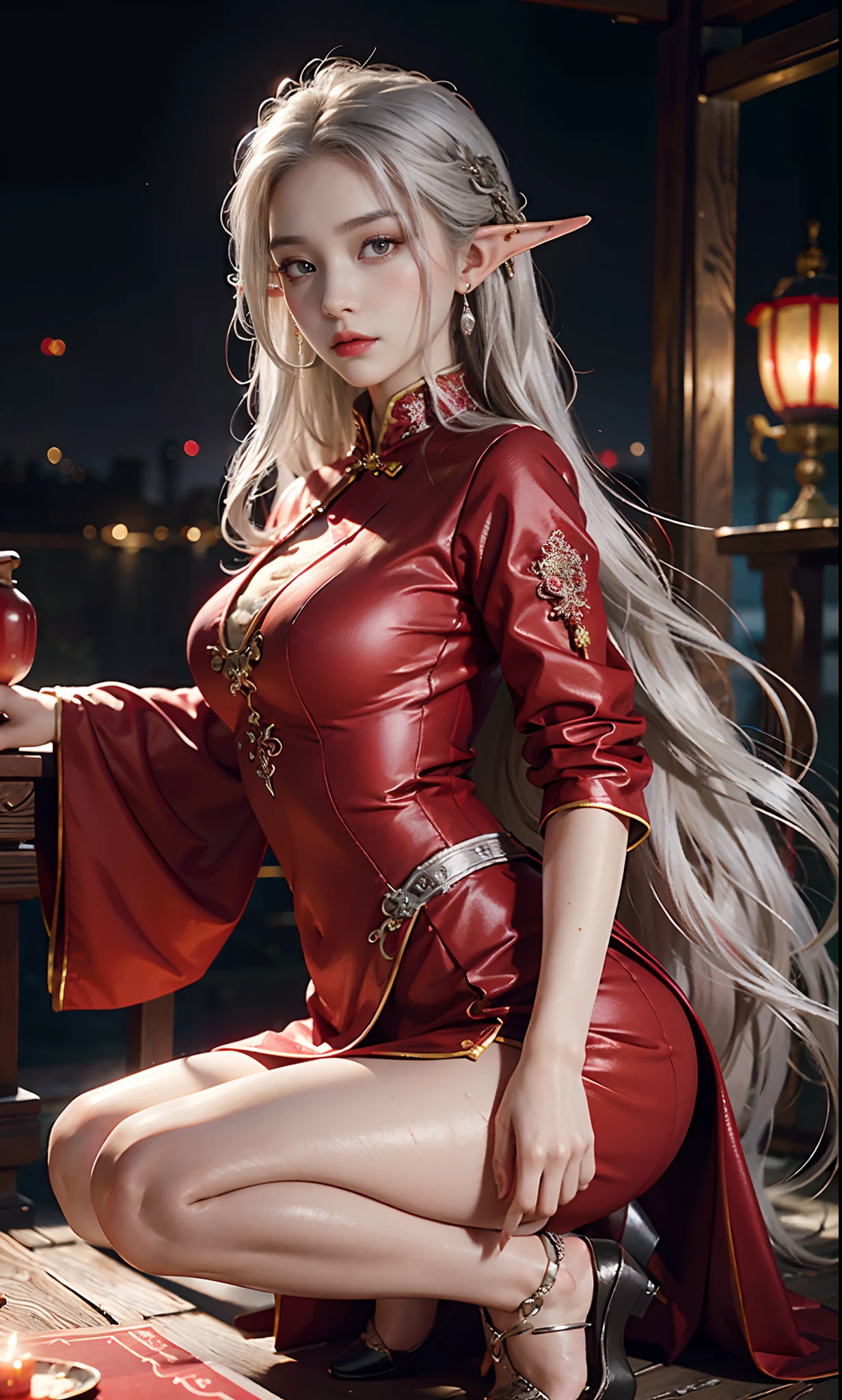 (Redcoat:1 silver-haired girl, Girl), tmasterpiece, best qualtiy, RAW photogr, realisticlying, the face, Incredibly Ridiculous res, Beautiful elf beauty, ear studs,Get wet all over, (Long silver hair), (Red wedding dress+),Chinese costume long dress,(red flat shoes+),depth of fields, A high resolution, ultra - detailed, filigree, RAWE is very detailed, very detailed eyes and faces, Sharp pupils, realistic pupil, tack sharp focus, cinmatic lighting,full bodyesbian,Bigboobs,long leges,From the front side,Chinese wedding scene,Red candle,Lanterns,A faint red glow,dynamicposes