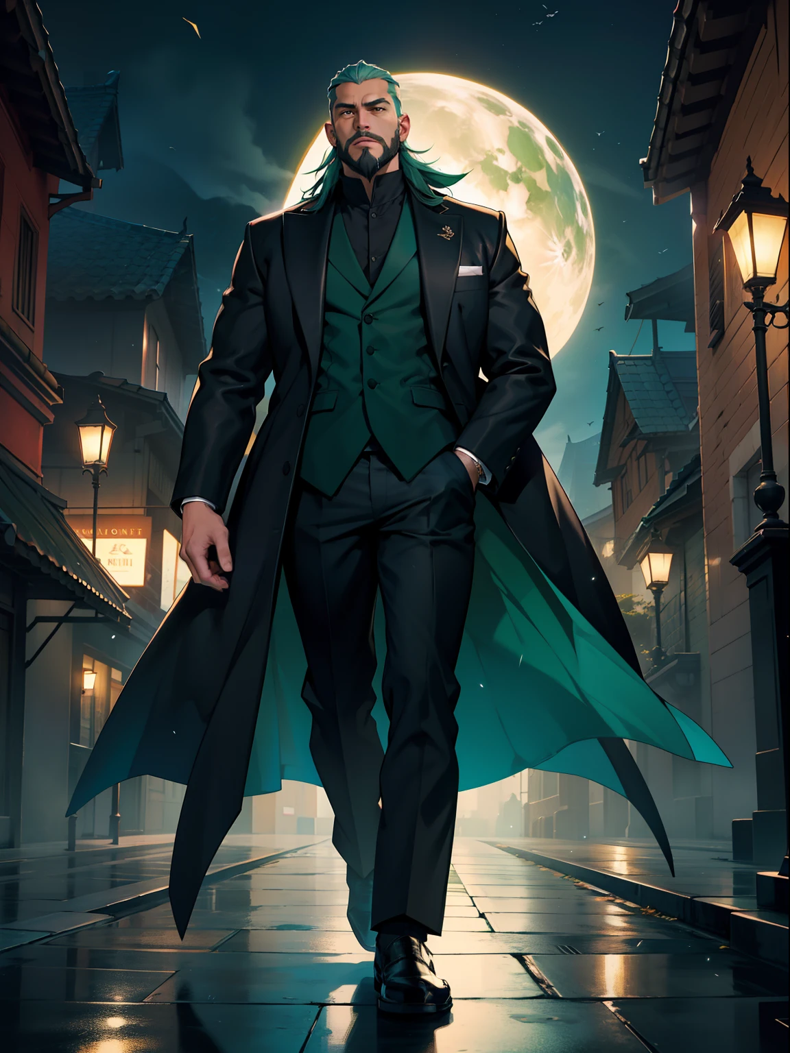 of a guy，sbeard，cabelos preto e longos，Douluo Continent green clothing，the night，standing on your feet，Long coats fluttering