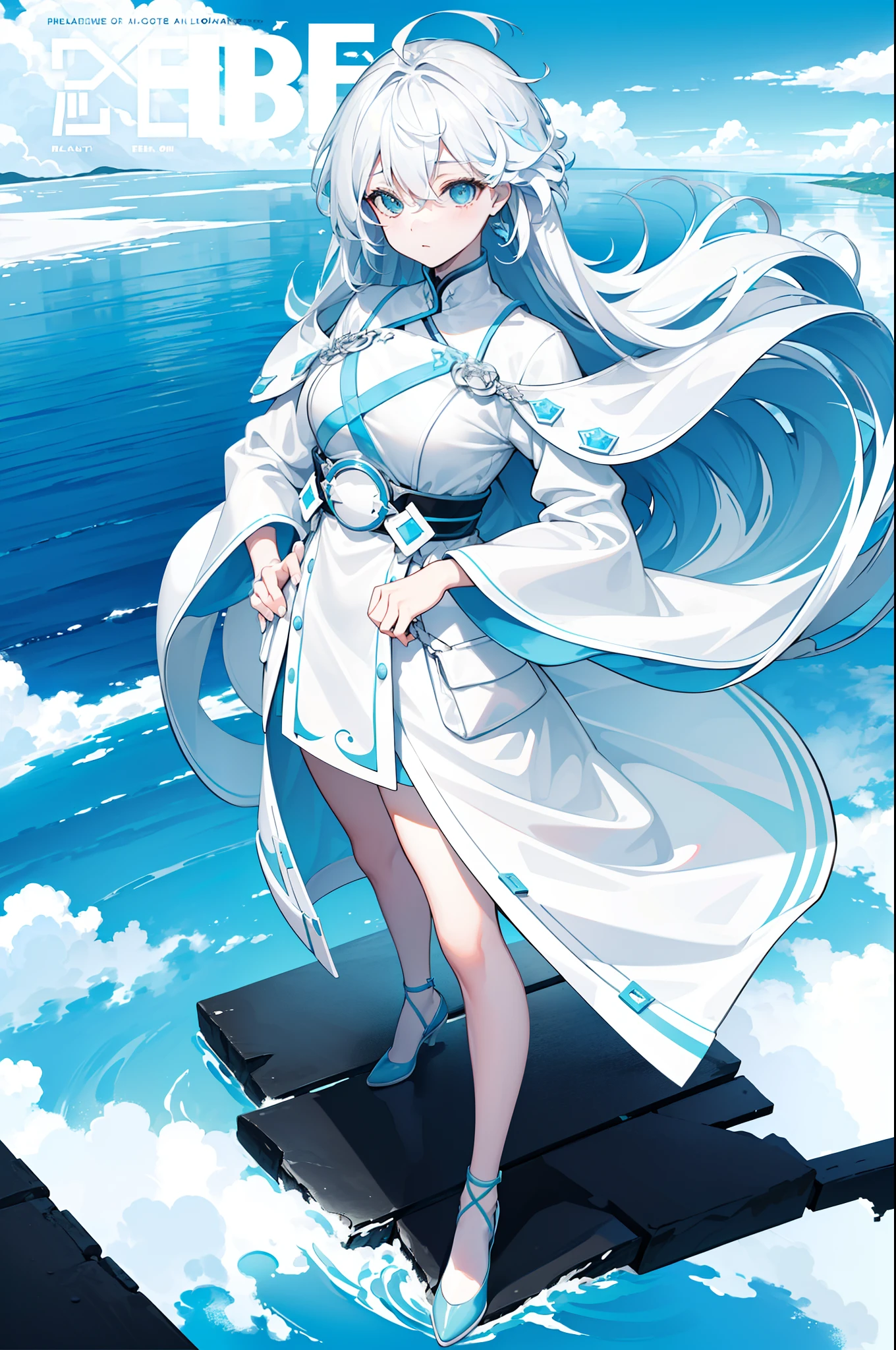 masterpiece,(top-quality),(1girl in) ,独奏,(highly contrast:1.2),(a high chroma:1.2), (Put your hands in your pockets)),((Black and white dresses)),Look at viewers,((White and light blue theme:1.3)),((White and light blue background:1.5)),white hair,blue eyess,((walk:1.3)),full bodyesbian,Black footwear,((Light blue water, white clouds and day floating in the sky)),((From above:1.2)), (magazine:1.3), (cover-style:1.3), Fashionable, femele, with a vibrant, outfits, the pose, the front, Colorful, Dynamic, Background with, element, I'm confident, expresive, ngel, statement, accessorized, An majestic, coiled, surroundings, touch, The scene, Texto, covers, It's bold, captures the attention, titles, stylish, font, Catchy, headline, The large, impressive, moderno, Trendy, focus, lo fashion