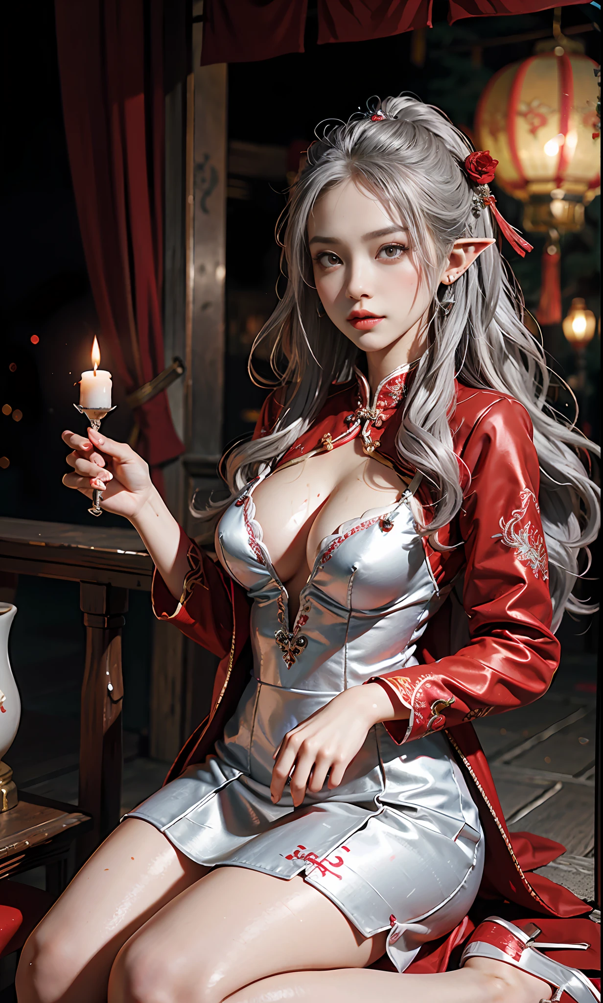 (Redcoat:1 silver-haired girl, Girl), tmasterpiece, best qualtiy, RAW photogr, realisticlying, the face, Incredibly Ridiculous res, Beautiful elf beauty, ear studs,Get wet all over, (Long silver hair), (Red wedding dress+),Chinese costume long skirt,(red flat shoes+),depth of fields, A high resolution, ultra - detailed, filigree, RAWE is very detailed, very detailed eyes and faces, Sharp pupils, realistic pupil, tack sharp focus, cinmatic lighting,full bodyesbian,Bigboobs,long leges,From the front side,Chinese wedding scene,Red candle,Lanterns,A faint red glow,dynamicposes