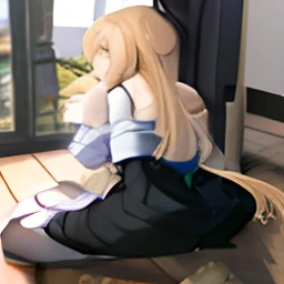 Anime girl sitting on the floor，With his back to the camera, seductive anime girls, beautiful anime girl crouching, Fully clothed. painting of sexy, lit from behind, the anime girl is crouching, Blonde anime girl with long hair, exposing her chest