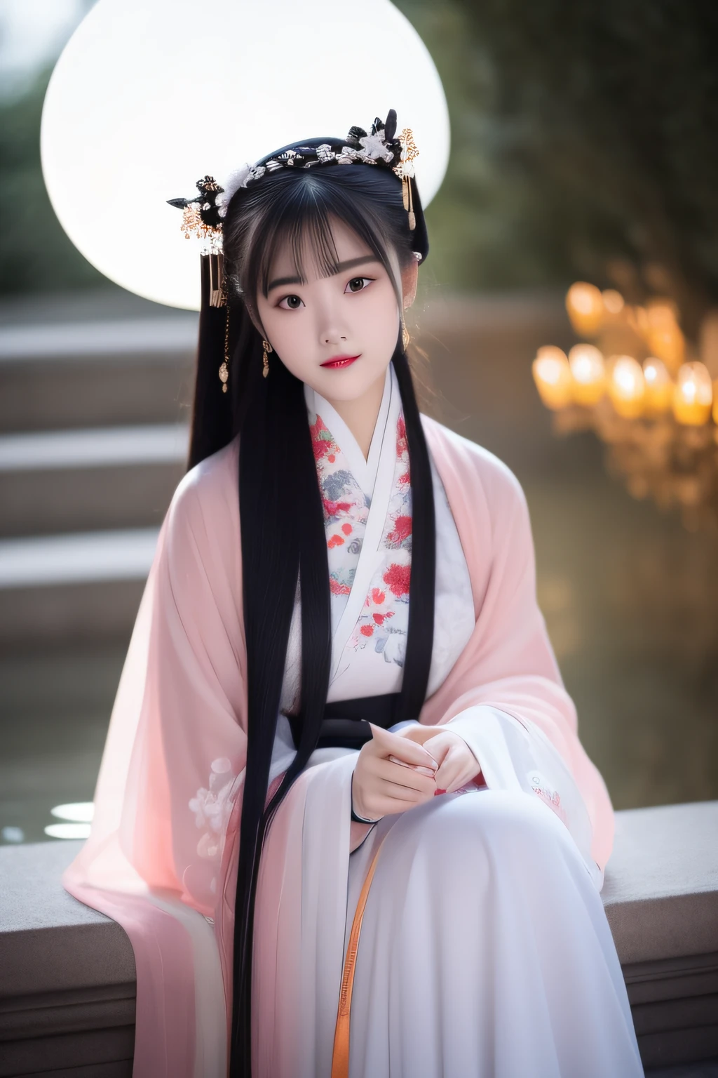 Full moon night,The Hanfu beauty sat down facing the camera,Turn pages gracefully,Her delicate facial features reveal a perfect face。She has a beautiful and detailed appearance。。。,Wearing Hanfu,The colorful colors make it even more dazzling。She has long hair and a shawl,Show charm。It is a real photo,Show off the figure and charm of the perfect woman。be on stage,She plays solo,With a charming smile on his face,The perfect display of Hanfu's charm。