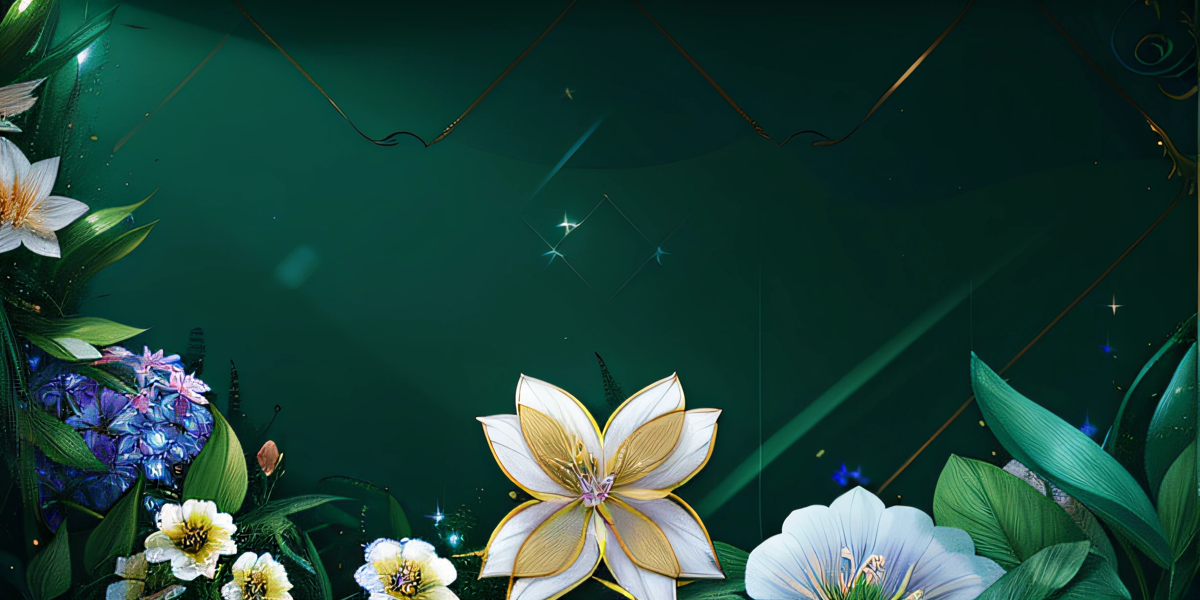 There is a picture of a flower arrangement,There are a lot of flowers in it, Elegant composition, flowers and gold, elegant flowers, flowers in the background, Flower background, glowing delicate flower, glass、Gold and jade, beautiful flowers and crystals, florest background, golden background with flowers, background natural flower, gold flaked flowers, clematis theme banner, chaumet style, gold flowers