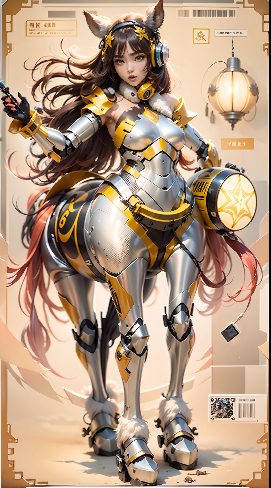 A female centaur,She is famous in the multiverse,She is both a female centaur, half human, half horse, half horse,It is also a female Yingzhao。She blends both images,The first is:((The head of the horse/neck/Shoulder these parts,Replaced with a beautiful female human upper body):9.9),of females are half-centaurs, half-horses, half-humans,The second is:((The head of the horse/neck/lower back/hason/gluteal/Shijo Thigh Female Embodiment):9.9),'s((Female half-horse with beautiful woman's):9.9,Chimer):9.9),(It's like a female human wearing a half-horse-like costume and making a seamless chimera:9.9),This chimerization is based on powerful futuristic technology。The ultra-wide-angle lens captures the image of her beautiful and ethereal wings on the ionosphere launching a super-high-speed charge and leaping。Her front half is distinctly feminine,Tall sexy body,possessed(K cup giant coconut tit chest:9.9),It has a small man's waist butterfly straddling(Long legs:9.9),The embedded interface of the half-horse part of the bent feminine state of the back half of the body is in the hip position。(The horse-shaped, half-horse torso form of her back body is completely female humanization9.9)。The chest cavity of a woman in the shape of a bent dog style embedded in the lower back position of the beautiful woman's body starting from the upper part of the sternum/lower back/Ventral transverse。Then there are the sexy beauty's upright hips,(Her entire body has been completely female and replaced by a female body:9.9),Including the half-horse part。Mechanized armor covers the legs with knee-shaped anti-joints and feet,And these parts are highly anthropomorphic,This makes her legs graceful and slender,Her four horse legs exploded in length proportions and was slender and toned,Under the legs are skinny white feet dressed in Skyscraper Heels,Use Midjourney's advanced stroke tools and color palettes, as well as texture packs, model packs, and texture tools,Concentration,Include all parts of her