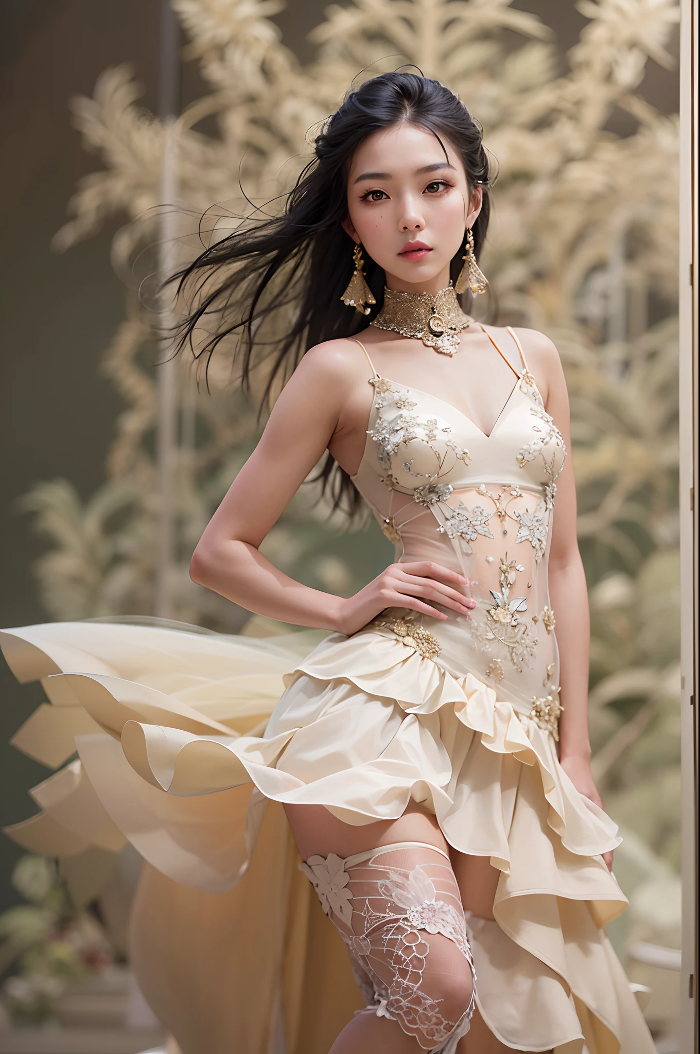 "Craft a scene where a young, exquisite Asian model glides down a fashion stage's catwalk. The soft, low lighting accentuates her every move, highlighting the creamy-colored, intricately designed dress she wears. As she walks, her full body exudes beauty and confidence, captivating all who gaze upon her."