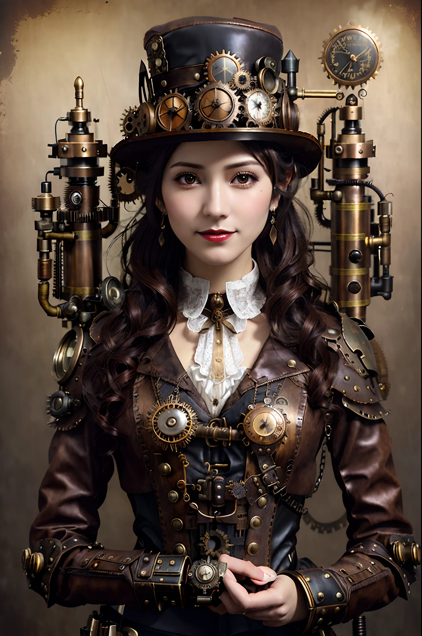 A close up of a woman wearing a steam - punk hat and holding a gun ...