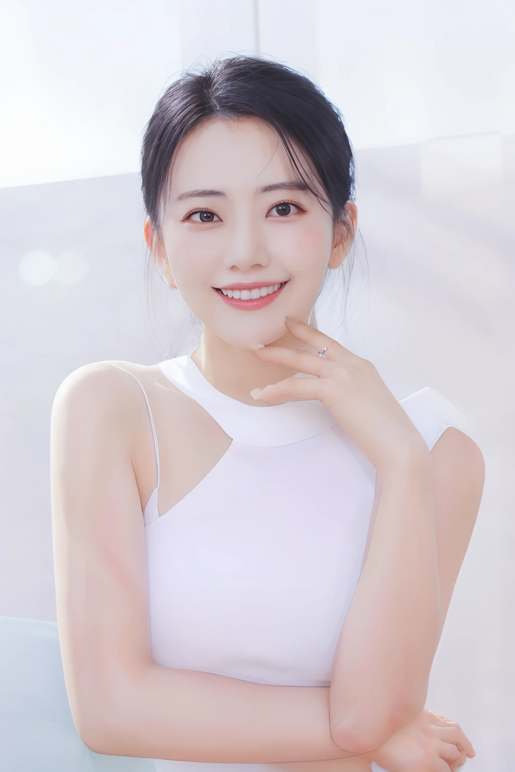a close up of a woman in a white top posing for a picture, beautiful Korean women, dilraba dilmurat, gorgeous chinese models, Gorgeous young Korean woman, woman with porcelain skin, 2 8 years old, Li Zixin, 2 7 years old, hwang se - on, Beautiful young Korean woman, Smooth porcelain skin, 38 years old