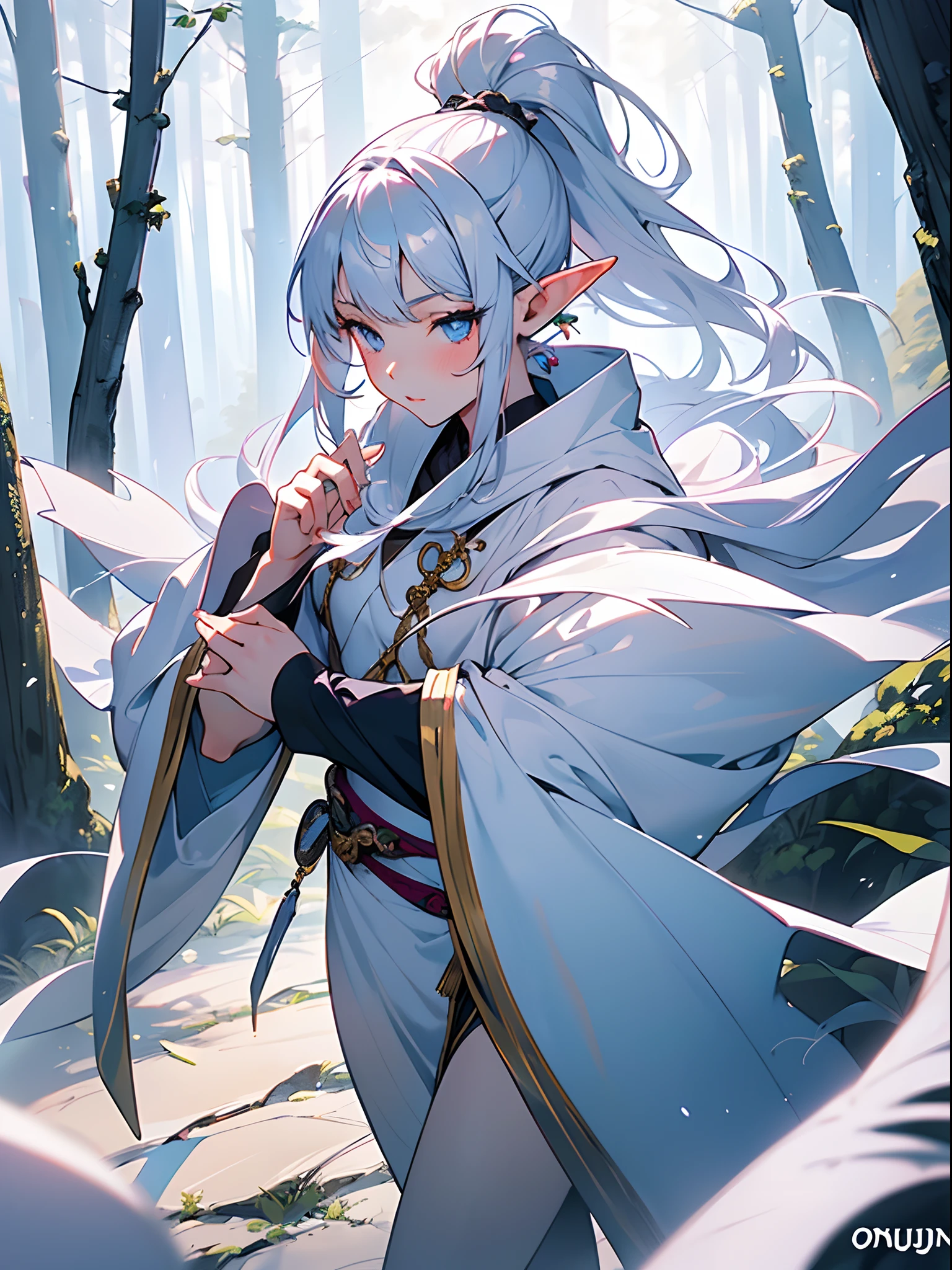 ((Fantasy)),((Best Quality)),((Beautifully painted)),((hight resolution)),1girl in,Elf Women,(((onmyouji))),(((suikan))),White cloak,Bushy silver-haired ponytail,nice hand, Perfect hands,walking around in a forest