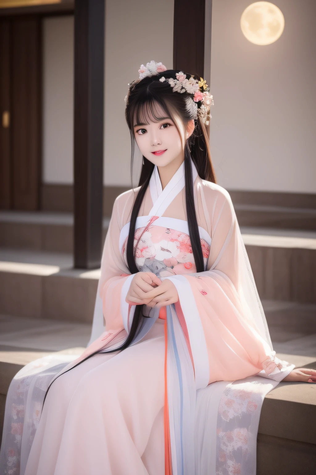 Full moon night,The Hanfu beauty sat down facing the camera,Turn pages gracefully,Her delicate facial features reveal a perfect face。She has a beautiful and detailed appearance。。。,Wearing Hanfu,The colorful colors make it even more dazzling。She has long hair and a shawl,Show charm。It is a real photo,Show off the figure and charm of the perfect woman。be on stage,She plays solo,With a charming smile on his face,The perfect display of Hanfu's charm。