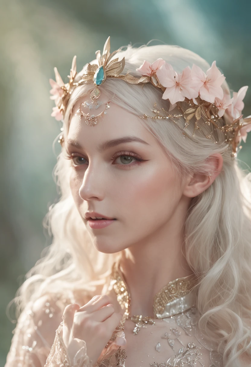 "Elf Princess,Yumi premium illustration,Delicate and harmonious colors,Gorgeous and eye-catching scenes,Flowing style,Vast starry sky,Crystal Palace,Gorgeous flowers,A gentle breeze blows,Irregularly flying petals,Dance gracefully,Mysterious Elf Light,fantasy atmosphere,A dream-like wonderland。"