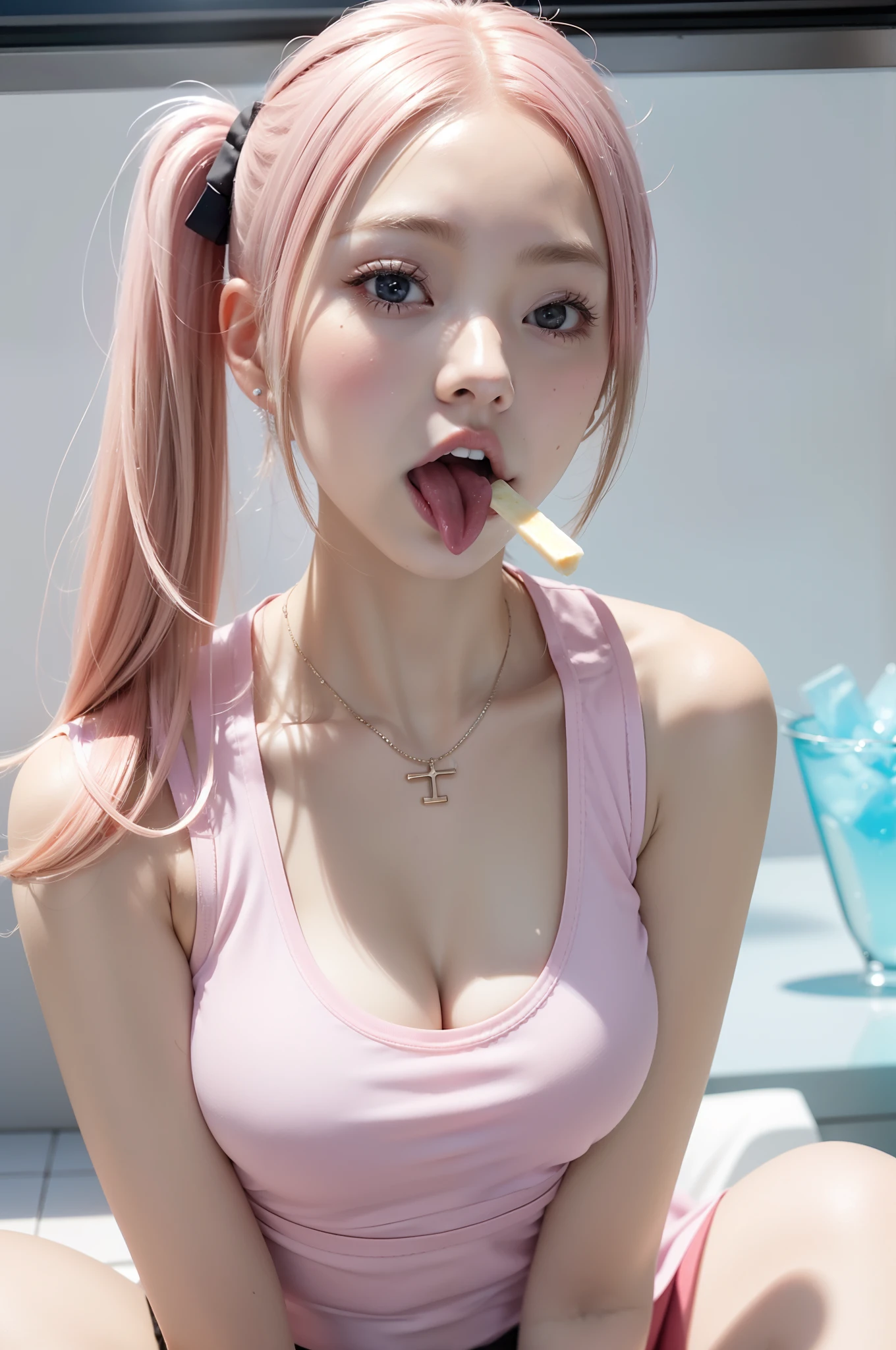 Girl with wide open mouth licks big white popsicle bar、（Raw photography：1.2）、（Photorealsitic：1.6）、（​masterpiece：1.3）、（top-quality：1.4）、hight resolution、nffsw、8K分辨率、（intricate detailes：1.6）、(small and round breasts:1.6) (Cute face like a Korean idol:1.9)、(A detailed face:1.6)、(Detailed tongue:1.8), (Detailed mouth:1.8), (Pink hair:1.8), 　((short-hair:1.4)), ((Simple tank top:1.4)),Lips and tongue, Flat tongue、Akkanbe、White large ice bar in hand、Holding a milk popsicle stuck in a stick in your hand,,、Licking with the tip of the tongue、Nice Nice、full body Esbian、Light clothing、a miniskirt、Dim men's toilet、Toilet in the bar、Warm lighting for one lamp、Dark gorgeous toilet room、Squatting in a squat pose、Thighs and panties、Detailed Mekosuji、erectile nipple 、cleavage of the breast、Nip slip、Very sweaty、White turbid liquid all over the body、お漏らし、Detailed Mekosuji、a necklace、shinny skin、Young Face、ecstacy、Detailed areola、Detailed toes