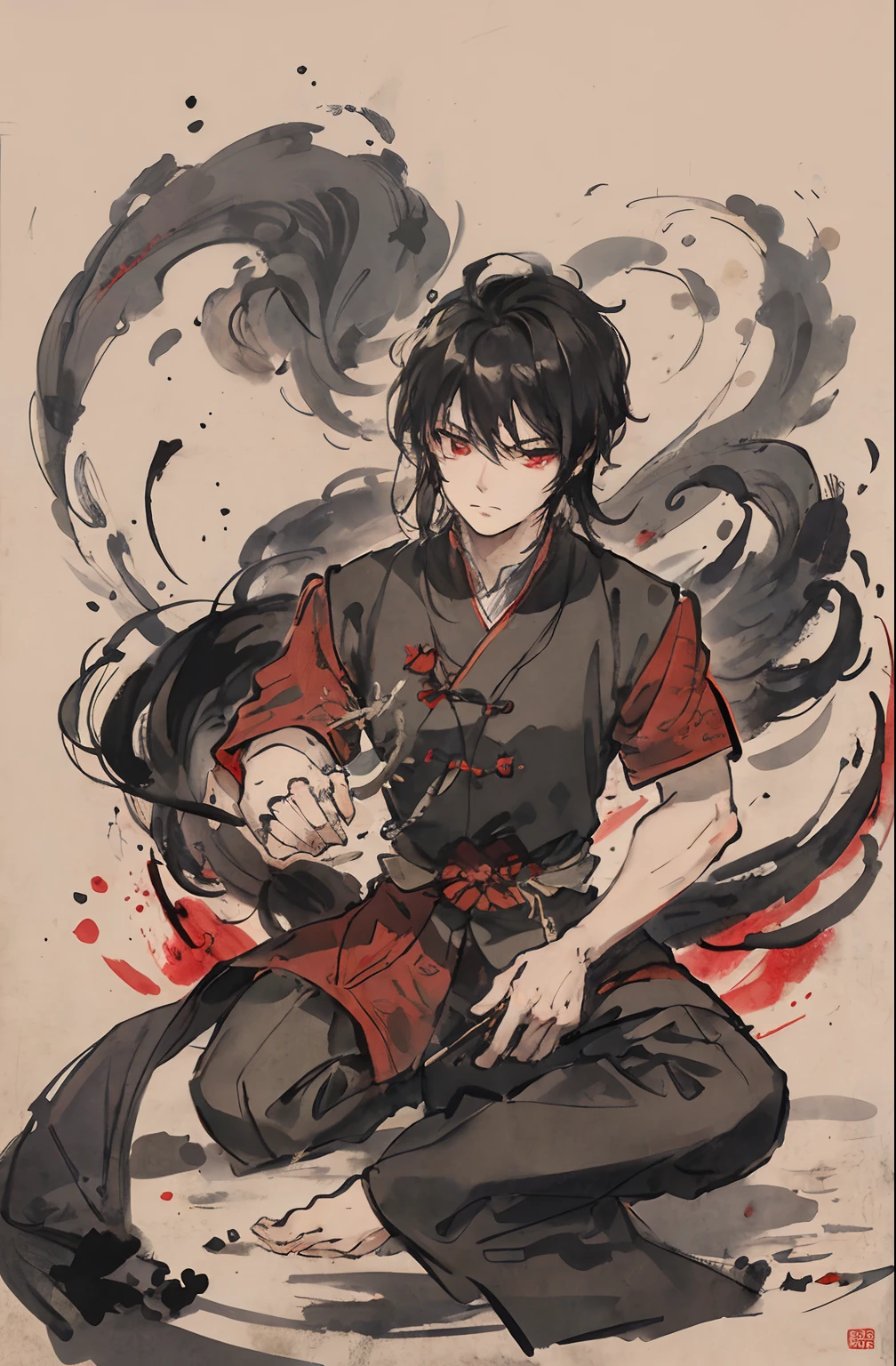 (tmasterpiece,best qualtiy:1.2),Tradition Chinese Ink Painting,Bluegrass,A plant,florals,of a guy,1 man, Wearing a black imperial Han costume, long white hair, Sharp red eyes, He is a hero who plunges into darkness,His body was filled with blood, He looked cruel ((25 year old face)) ((No more than one person))