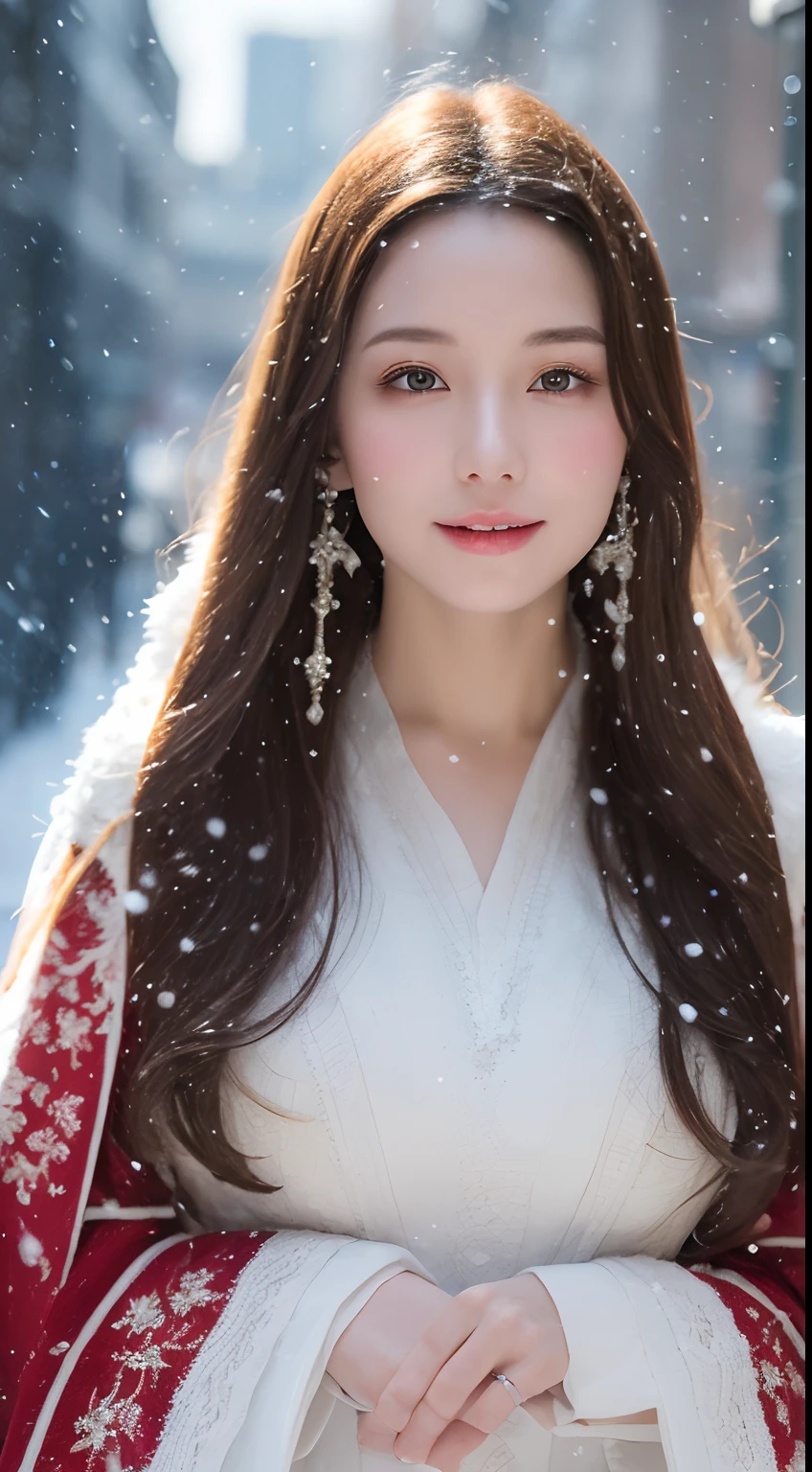 ((best qualtiy, 8K, tmasterpiece:1.3)), Focus:1.2, perfect figure beautiful woman:1.4, Cocked buttocks:1.2, ((long whitr hair)), (Thick long-haired cloak:1.1) , (Falling snow, street,stop,copse,snow cover:1.3),Lace aristocratic ta costume:1.1, Highly detailed facial and skin texture, A detailed eye, 二重まぶた,Whiten skin,ssmile,huge tit,Cinematic lighting,Detailed details,Real hair and skin,