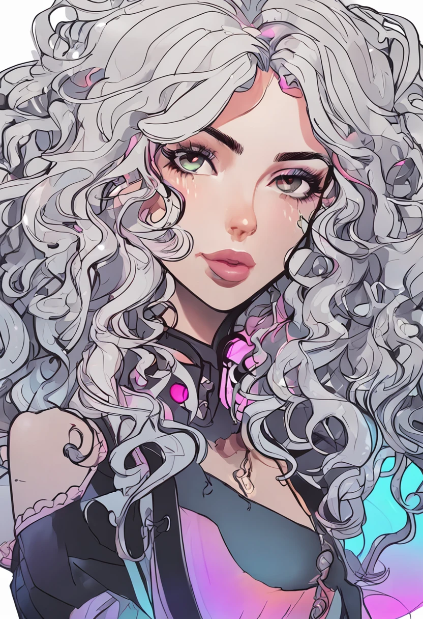 Curly-haired beautiful girl，portrait of upper body，Lovely face，highly details，cyber punk perssonage，rainbow，Silvery-white hair