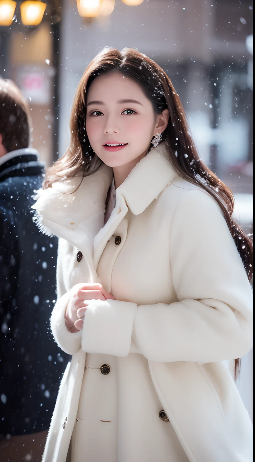 ((best qualtiy, 8K, tmasterpiece:1.3)), Focus:1.2, perfect figure beautiful woman:1.4, Cocked buttocks:1.2, ((long whitr hair)), (Thick fur-collared cloak:1.1) , (Falling snow, street,stop,copse,snow cover:1.3),Lace aristocratic Lolita costume:1.1, Highly detailed facial and skin texture, A detailed eye, 二重まぶた,Whiten skin,ssmile,huge tit,Cinematic lighting,Detailed details,Real hair and skin,