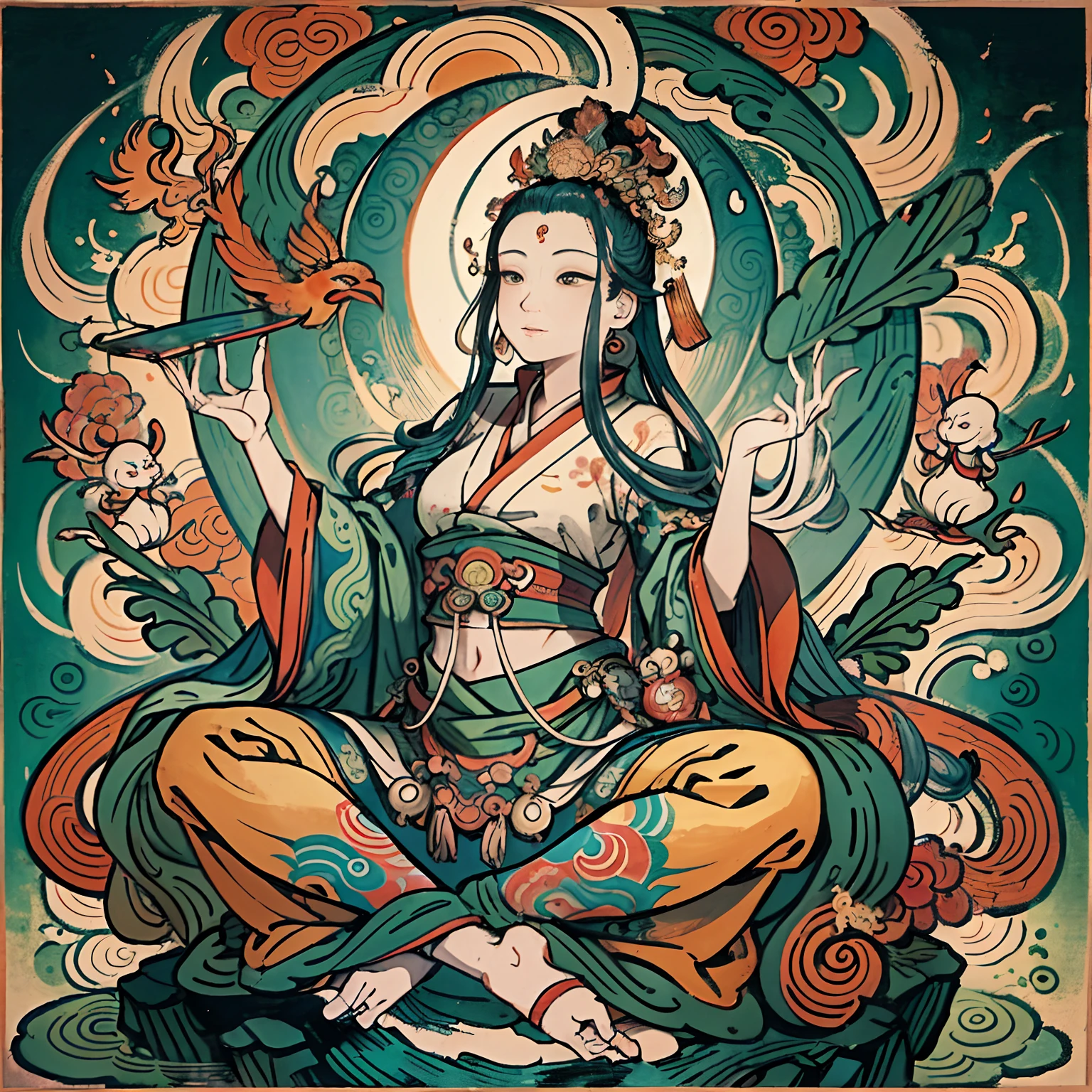 an ancient Chinese goddess, guanyin of the southern seas, Guanyin, Inspired by India, Avalokiteshvara rides a phoenix,,Serene expression,shui mo hua,Buddha,Buddhist,Lotus,Chinese painting style,Thangka style