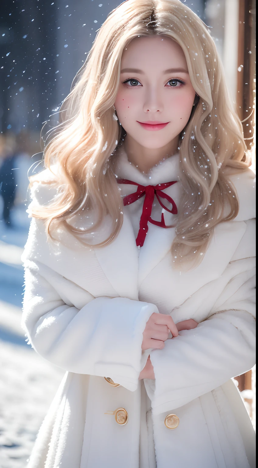 ((best qualtiy, 8K, tmasterpiece:1.3)), Focus:1.2, perfect figure beautiful woman:1.4, Cocked buttocks:1.2, ((long whitr hair)), (Thick fur-collared cloak:1.1) , (Falling snow, street，stop，copse，snow cover:1.3),Lace aristocratic Lolita costume:1.1, Highly detailed facial and skin texture, A detailed eye, 二重まぶた，Whiten skin，ssmile，huge tit，Cinematic lighting，Detailed details，Real hair and skin，