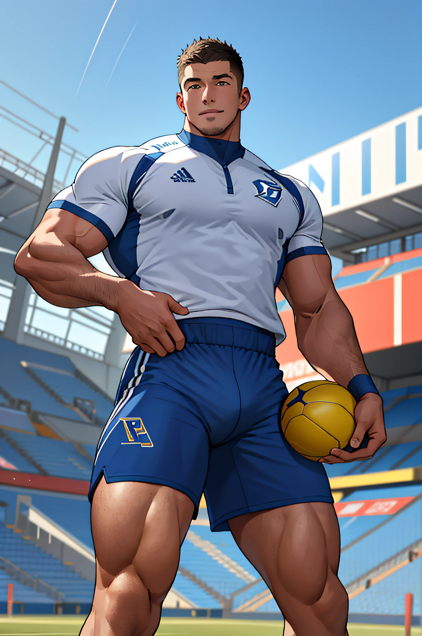 Draw a full-fledged athlete,Stand on the central field of the gym,He wears high-end sportswear,The man looks confident and determined,rays of sunshine,cheerful big breasts,Handsome,Crew cut,full bodyesbian,shooting from below,