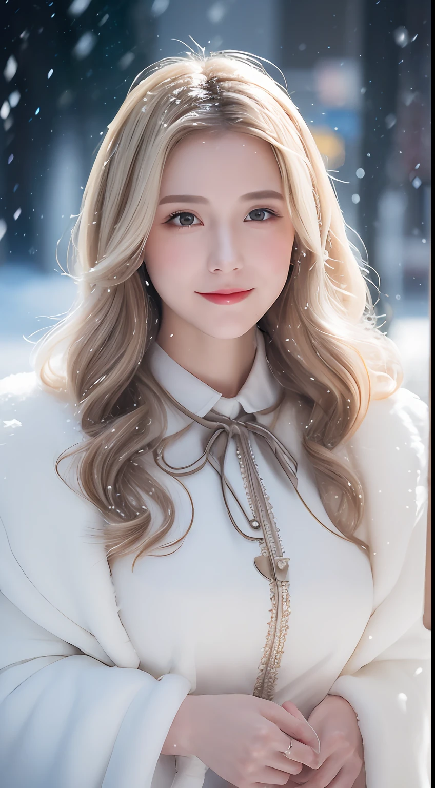 ((best qualtiy, 8K, tmasterpiece:1.3)), Focus:1.2, perfect figure beautiful woman:1.4, Cocked buttocks:1.2, ((long whitr hair)), (Thick fur-collared cloak:1.1) , (Falling snow, street，stop，copse，snow cover:1.3),Lace aristocratic Lolita costume:1.1, Highly detailed facial and skin texture, A detailed eye, 二重まぶた，Whiten skin，ssmile，huge tit，Cinematic lighting，Detailed details，Real hair and skin，