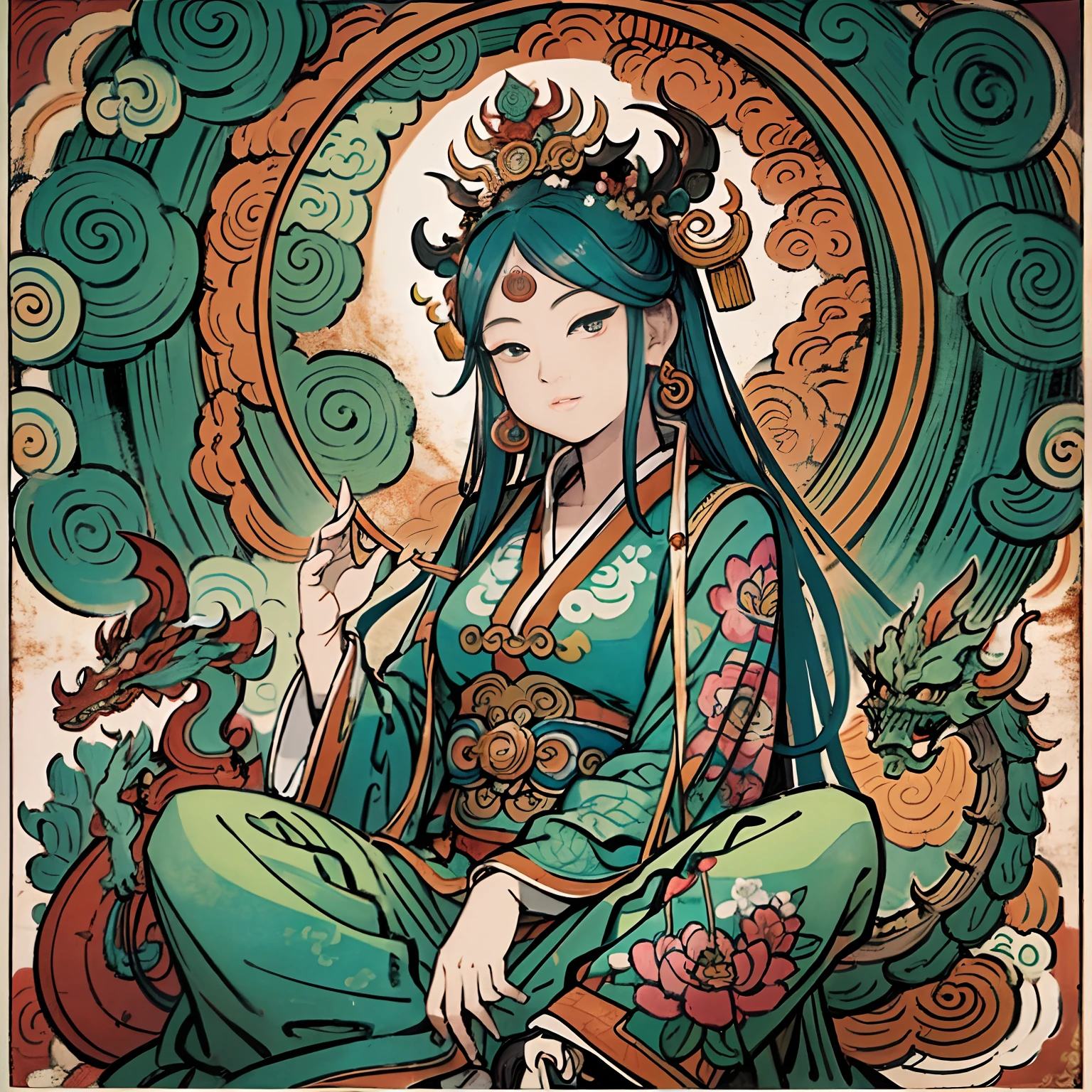 an ancient Chinese goddess, guanyin of the southern seas, Guanyin, Inspired by India, Avalokiteshvara rides a dragon，,Serene expression,shui mo hua,Buddha,Buddhist,Lotus,Chinese painting style,Thangka style