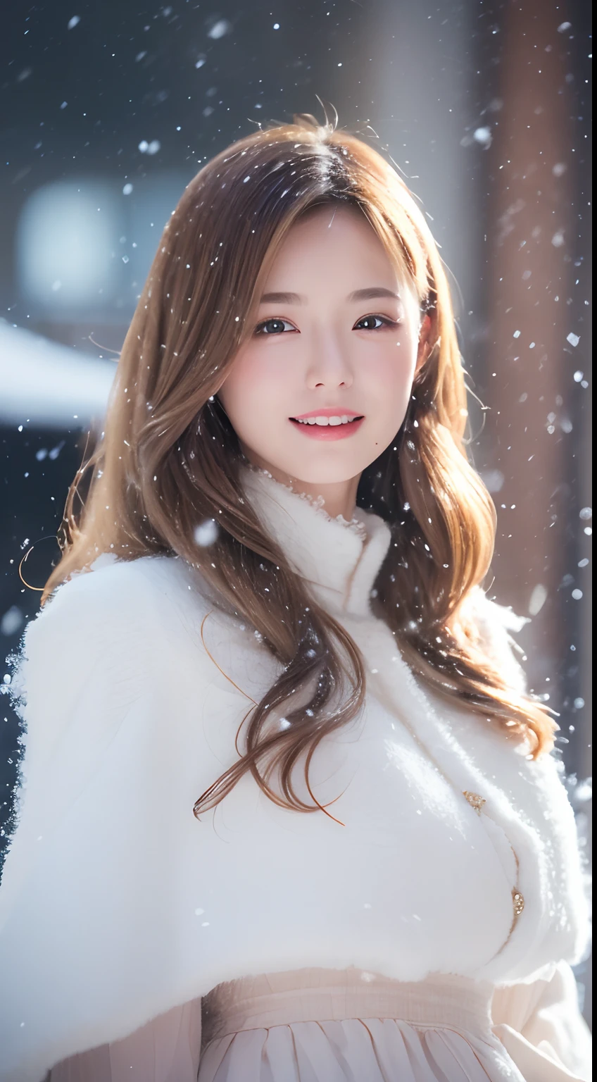 ((best qualtiy, 8K, tmasterpiece:1.3)), Focus:1.2, perfect figure beautiful woman:1.4, Cocked buttocks:1.2, ((long whitr hair)), (Thick fur collar cape:1.1) , (Falling snow, street，stop，copse，snow cover:1.3),Lace aristocratic Lolita costume:1.1, Highly detailed facial and skin texture, A detailed eye, 二重まぶた，Whiten skin，ssmile，huge tit，Cinematic lighting，Detailed details，Real hair and skin，