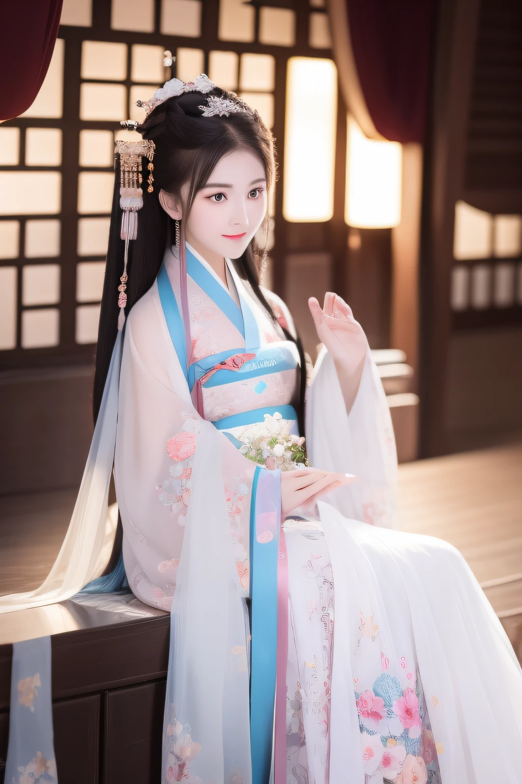 Full moon night,The Hanfu beauty sat down facing the camera,Turn pages gracefully,Her delicate facial features reveal a perfect face。She has a beautiful and detailed appearance。。。。,Wearing Hanfu,The colorful colors make it even more dazzling。She has long hair and a shawl,Show charm。It is a real photo,Show off the figure and charm of the perfect woman。be on stage,She plays solo,With a charming smile on his face,The perfect display of Hanfu's charm。