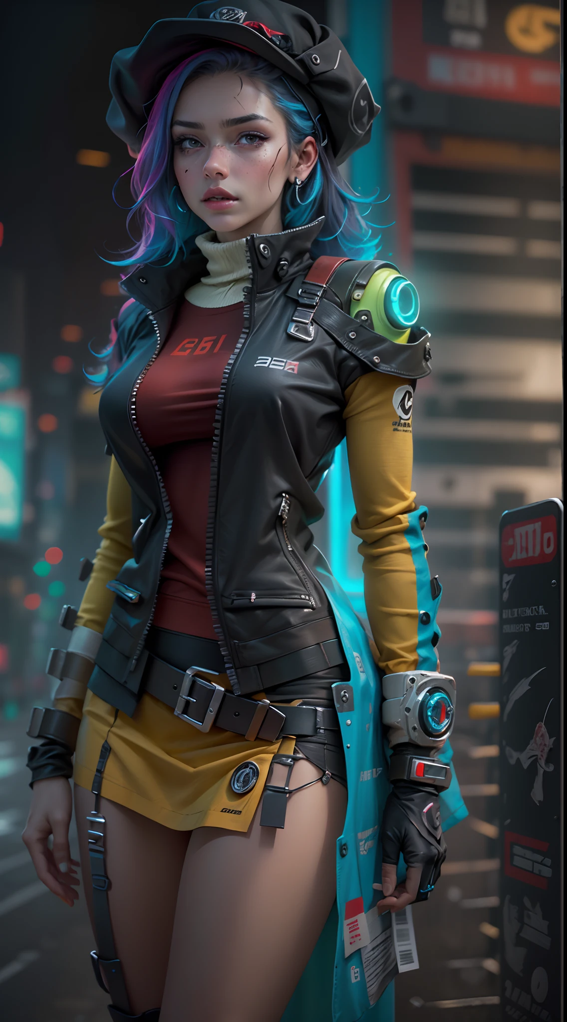 motor irreal:1.4,CG ultra realista 64K, fotorrealista:1.4, textura de la piel:1.4, obra maestra:1.4,Hermosa mujer con sombrero de pelo largo、Ropa corta estilo cyberpunk color amarillo, pantimedias red , mini skirt blue,