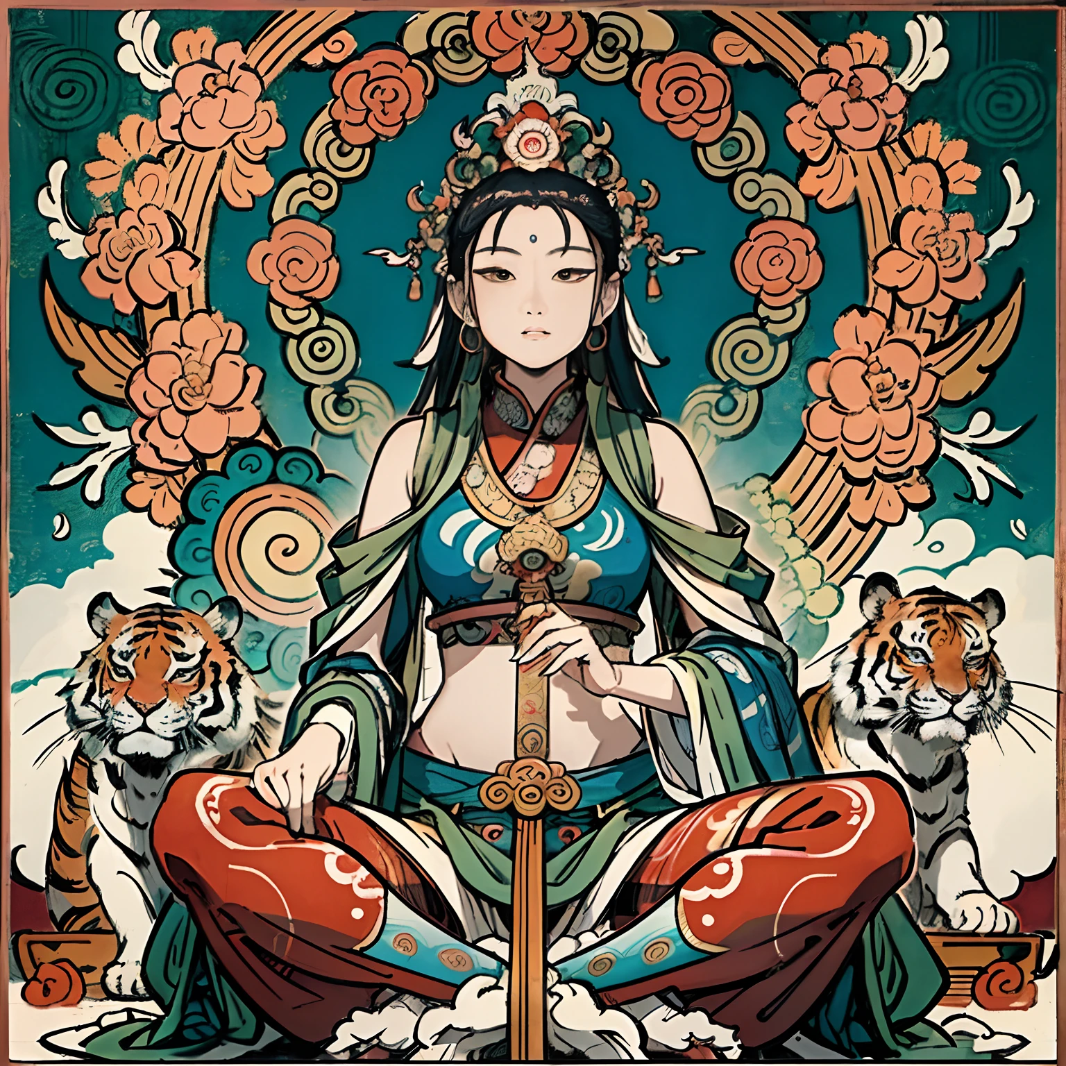 an ancient Chinese goddess, guanyin of the southern seas, Guanyin, Inspired by India, Avalokiteshvara rides a tiger，,Serene expression,shui mo hua,Buddha,Buddhist,Lotus,Chinese painting style,Thangka style