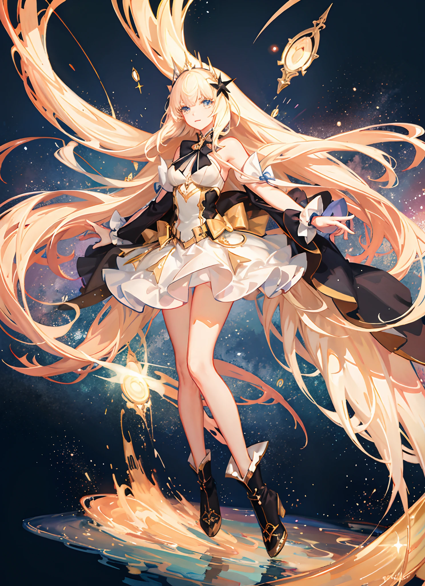 ((Magical Girl)), ((Gorgeous Starry Sky Background)), ((Super Definition)), ((Best Illustration)), ((Cinematic Lighting)), Dynamic Angle, Floating, Detail, (Glitter: 1.2), (Shine: 1.2), (Shine: 1.2), Classic, (Paint: 1.1), (Sketch: 1.1), (Best Quality), (Masterpiece: 1.2), (Anime Style), (Solo), Beautiful Detail Face, (Cute Face: 1.3), (Big Eyes: 1.3), Colorful Hair, (Long Hair: 1.2), (Floating Hair: 1.2), (Magical Girl Costume), Detailed Costumes, (Glowing Wand: 1.3), (Magic Effects: 1.3), (Flowing Skirt: 1.2), (Cute Boots: 1.1), (Transparent Fabric: 1.1), (Glitter: 1.2), (Glow: 1.2), (Shine: 1.2), ( Flicker:1.2) , (Dazzle:1.2)
