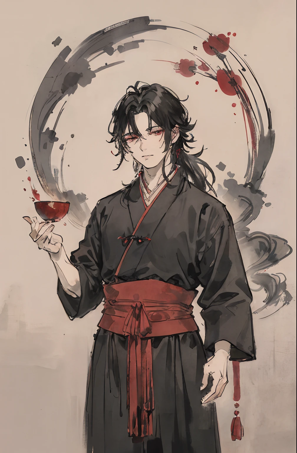 (tmasterpiece,best qualtiy:1.2),Tradition Chinese Ink Painting,Bluegrass,A plant,florals,of a guy,1 man, Wearing a black imperial Han costume, long white hair, Sharp red eyes, He is a hero who plunges into darkness,His body was filled with blood, He looked cruel ((25 year old face)) ((No more than one person))