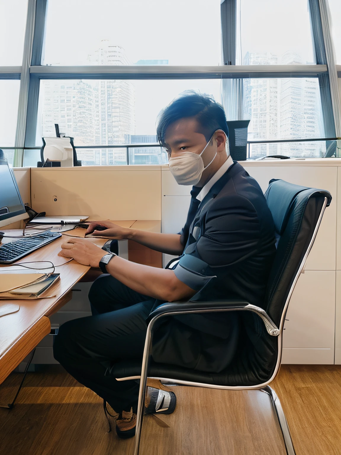 There was a man sitting at his desk,holding laptop, sitting in office, working in an office, At the office, sitting at a computer desk, wearing face mask, sitting in front of the computer, wearing face mask, In the office, sitting in front of the computer, Sitting at your desk, Sitting at your desk, xintong chen, Sitting at your desk