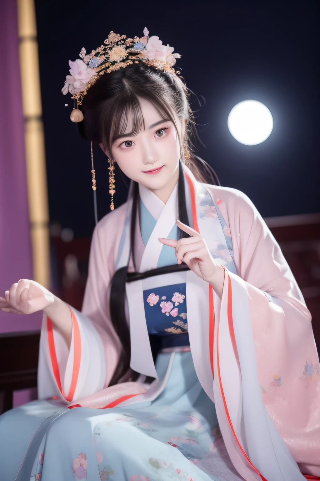 Full moon night，The Hanfu beauty sat down facing the camera，Turn pages gracefully，Her delicate facial features reveal a perfect face。She has a beautiful and detailed appearance。。。。。，Wearing Hanfu，The colorful colors make it even more dazzling。She has long hair and a shawl，Show charm。It is a real photo，Show off the figure and charm of the perfect woman。be on stage，She plays solo，With a charming smile on his face，The perfect display of Hanfu's charm。