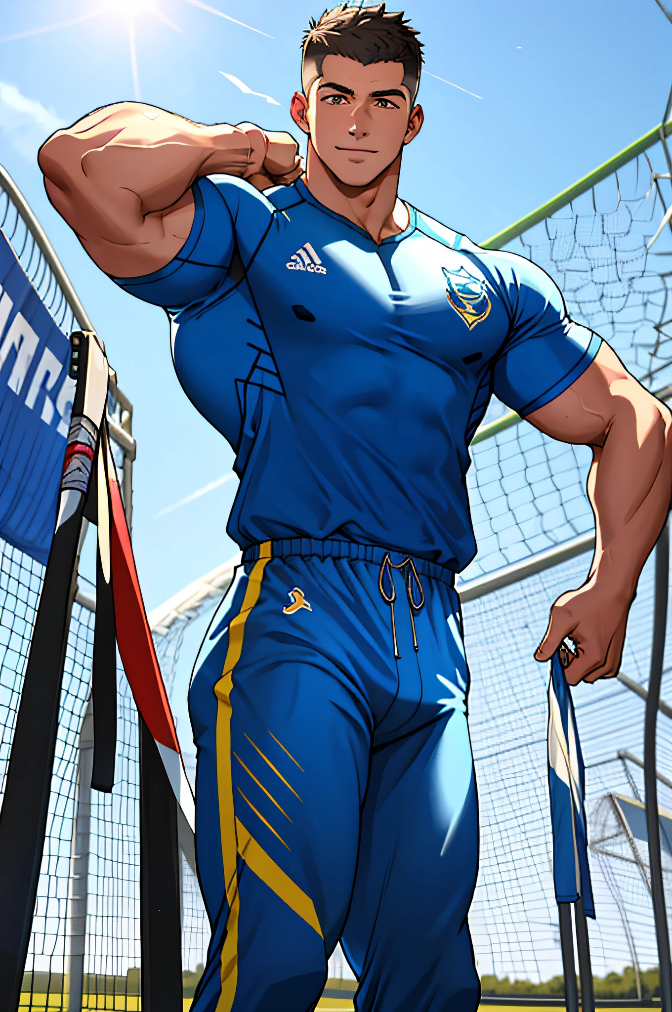 Draw a full-fledged athlete，Stand on the central field of the gym，He wears high-end sportswear，The man looks confident and determined，rays of sunshine，cheerful big breasts，Handsome，Crew cut，full bodyesbian，shooting from below，