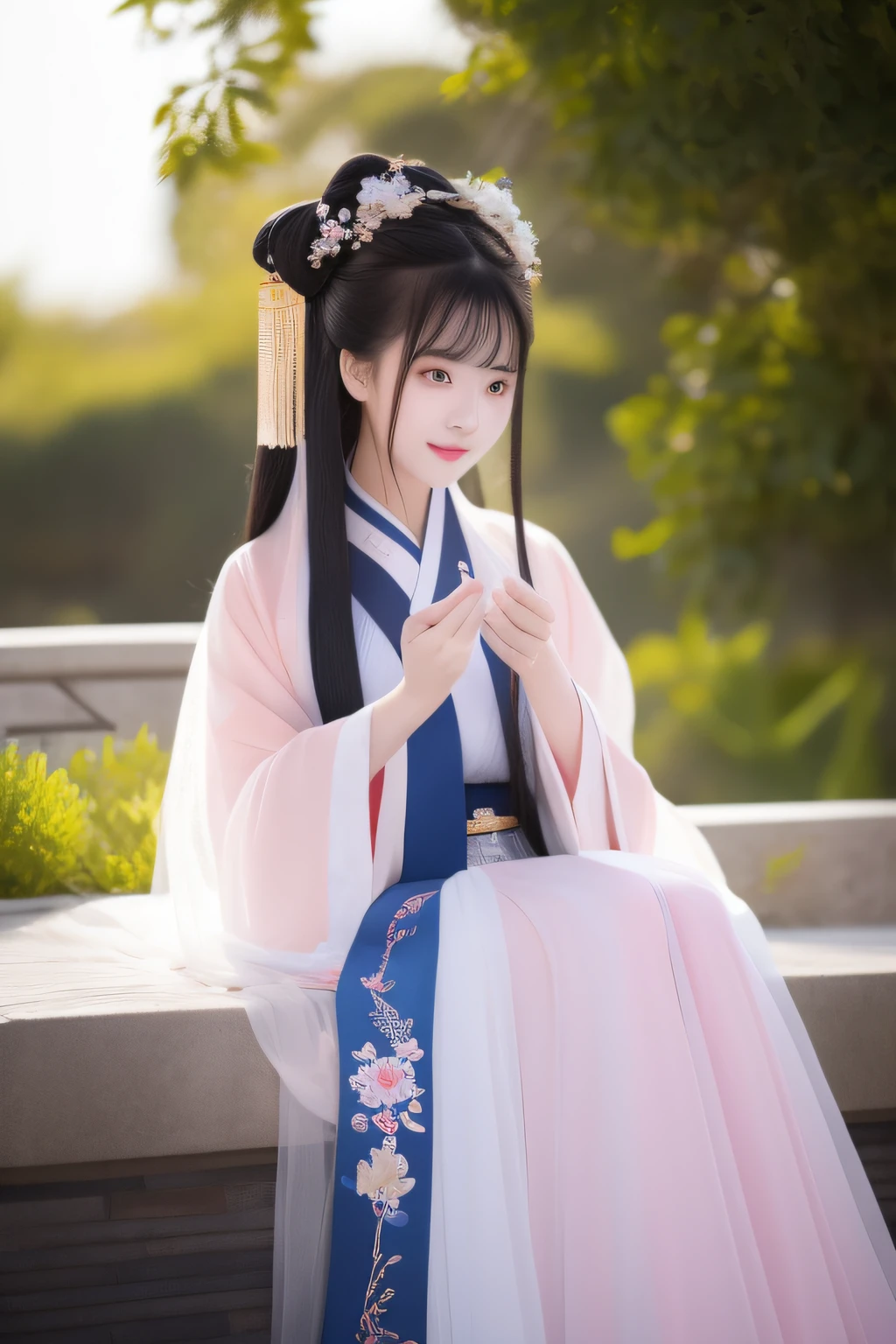 Full moon night,The Hanfu beauty sat down facing the camera,Turn pages gracefully,Her delicate facial features reveal a perfect face。She has a beautiful and detailed appearance。。。。。,Wearing Hanfu,The colorful colors make it even more dazzling。She has long hair and a shawl,Show charm。It is a real photo,Show off the figure and charm of the perfect woman。be on stage,She plays solo,With a charming smile on his face,The perfect display of Hanfu's charm。
