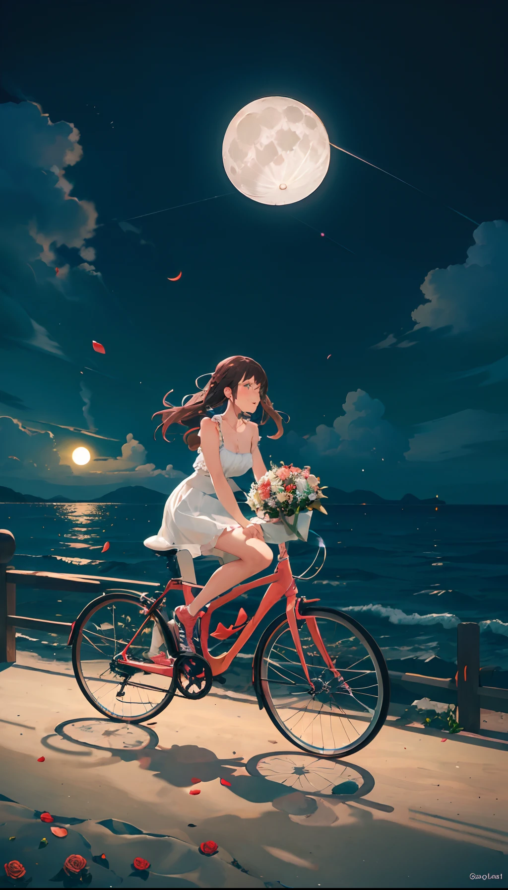 A girl riding a bicycle carrying a bouquet of roses in front of the beach in front of the moon and green land